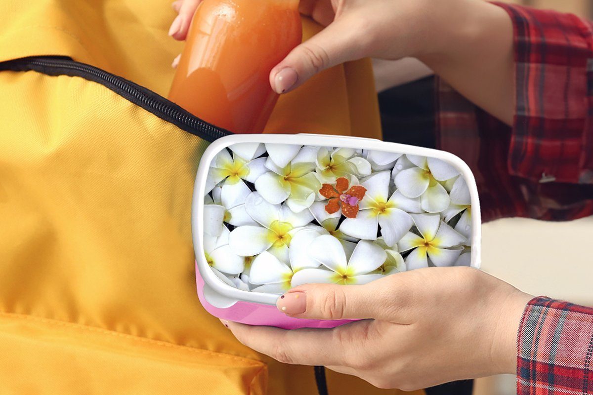 Brotbox Lunchbox Snackbox, aus Kinder, weißen (2-tlg), rosa und Erwachsene, Plumeria-Blüten, für Brotdose Kunststoff Mädchen, MuchoWow Kunststoff, gelben Muster