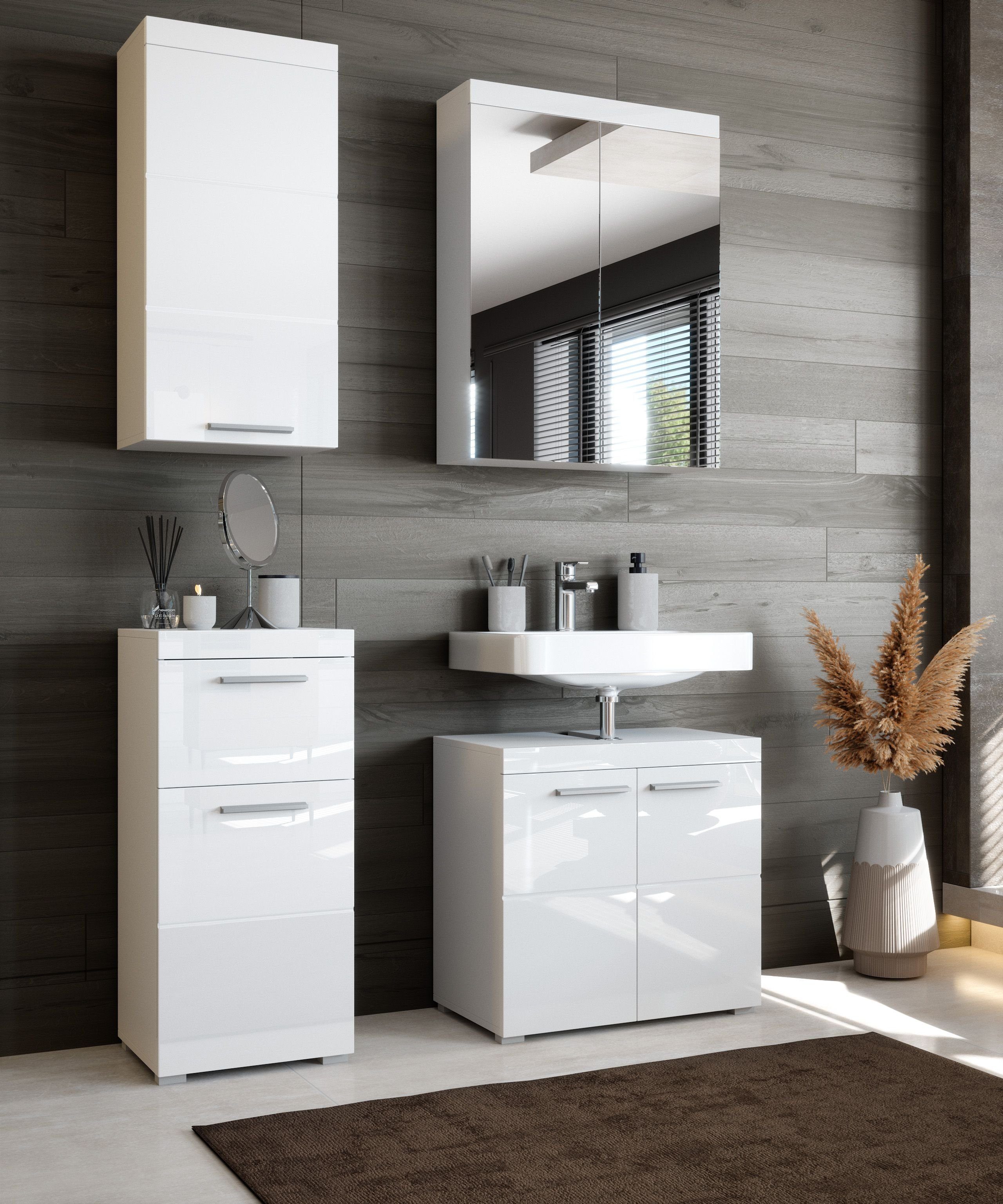 Newroom Kommode Weiß 37 cm, Weiß Hochglanz Kommode Badezimmer Schrank mit viel Stauraum Badezi...