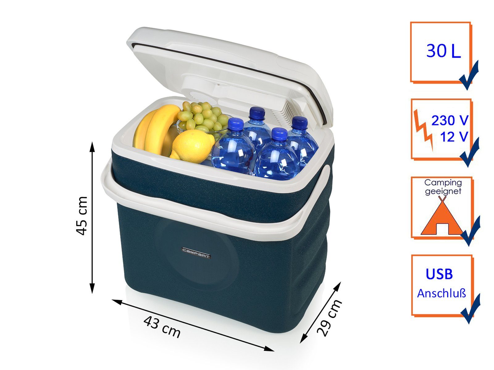 Campart Elektrische Kühlbox, 29 l, für Auto mit Strom große thermoelektrische USB Anschluß, 12V, 220-240V