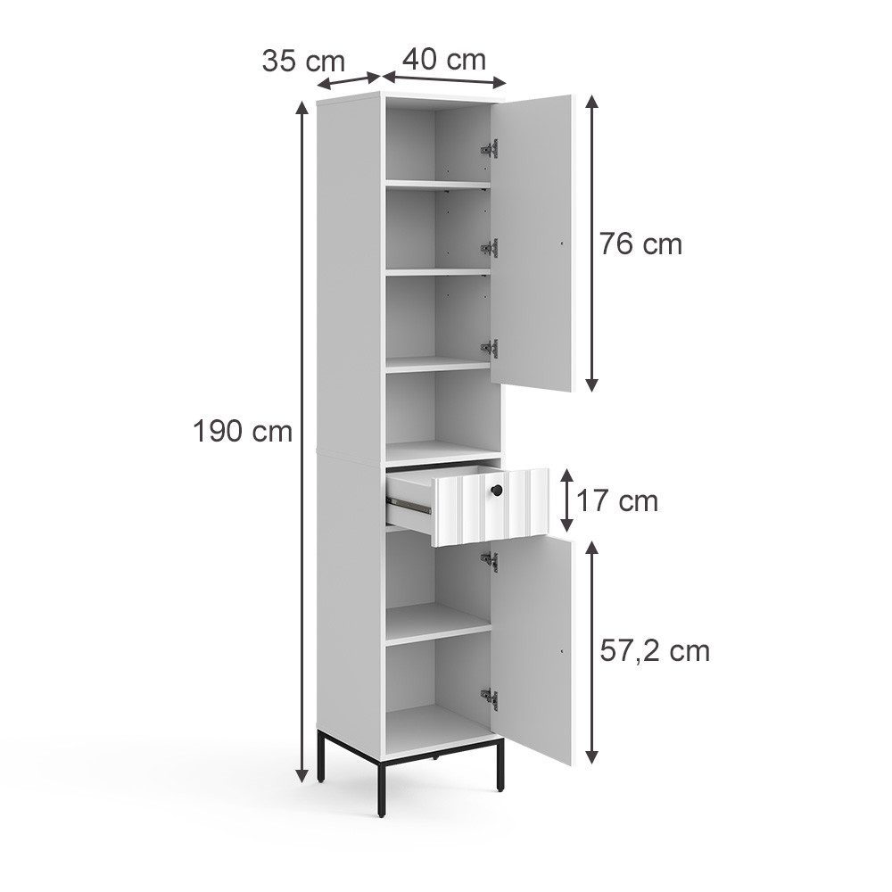 Vicco Hochschrank Eliza, Weiß Riffel, 40 x 190 cm mit 2 Türen (1-St)