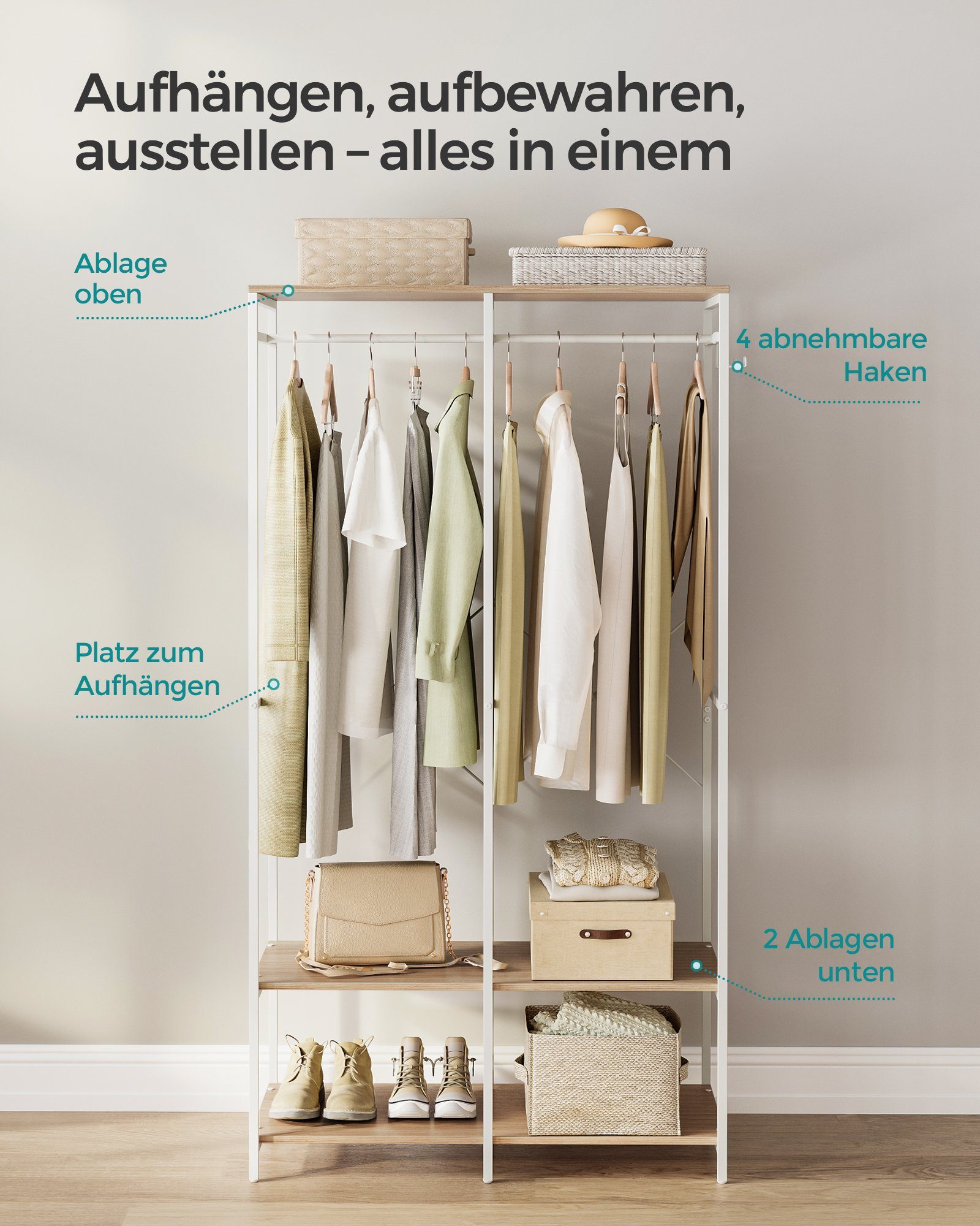 SONGMICS Kleiderschrank abnehmbare Garderobenständer, Naturbeige Ablagen, Haken