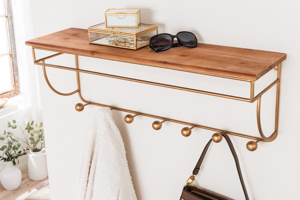riess-ambiente Wandgarderobe HERITAGE 80cm natur gold messing · Flurgarderobe mit 7 Haken & Ablage (Einzelartikel, 1 St), Pinienholz · Metallgestell · fertig montiert · Dekoration