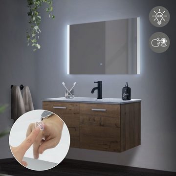 ML-DESIGN Badezimmer-Set Waschtisch Badezimmermöbel Badezimmer Möbel Spiegel Badset, 3er Set Roteiche LED-Spiegel 90x60cm Waschtisch 91cm Keramik