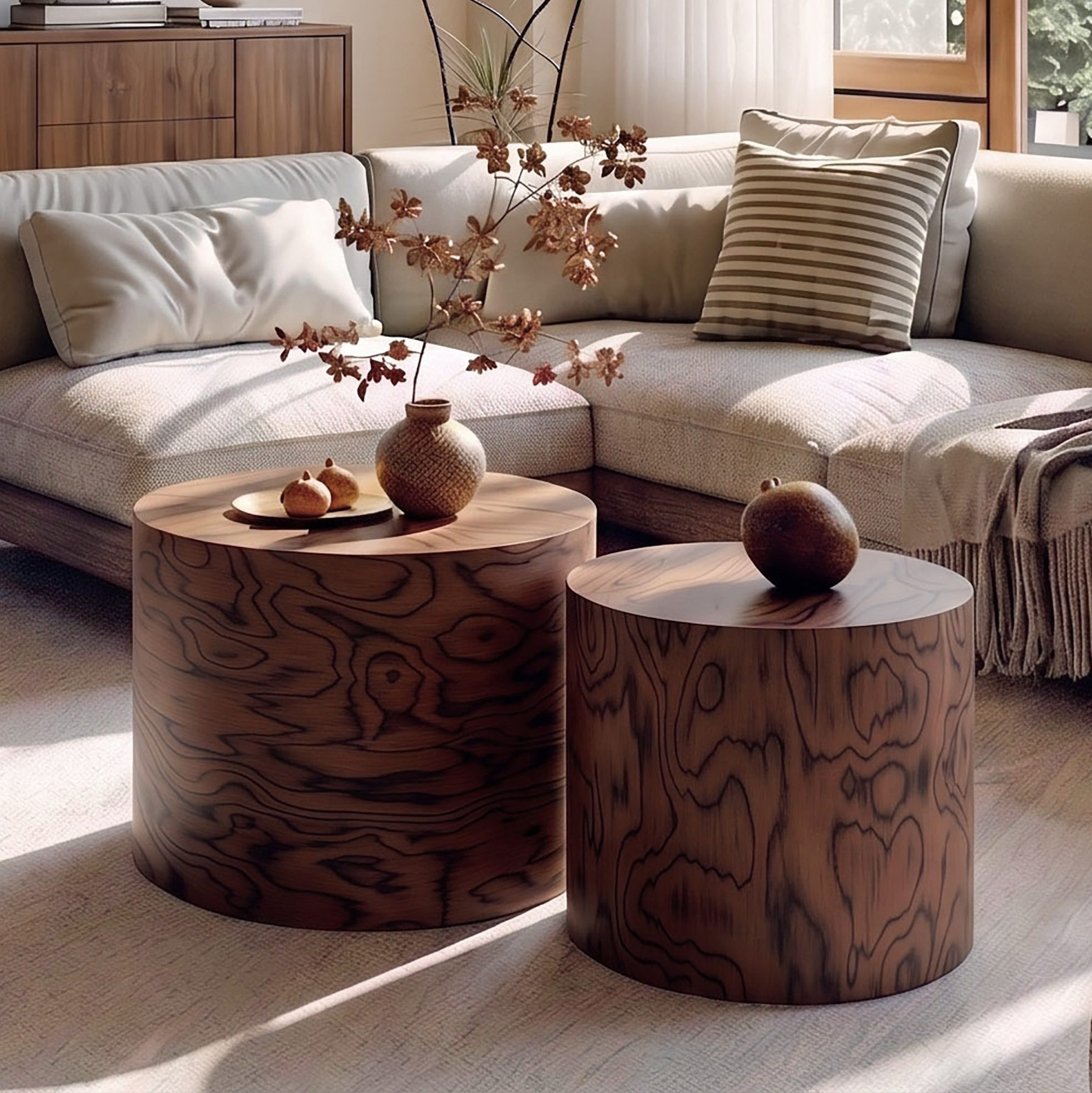 REDOM Couchtisch 2-tlg. Set runde Holztische, Wabi-Sabi, braun, rustikal (Packung, 2-St., Kompakte Ablagefläche für Wohnzimmer, Terrasse & moderne Dekoration), Schlichte Beistellmöbel mit einzigartiger Struktur – montagefrei