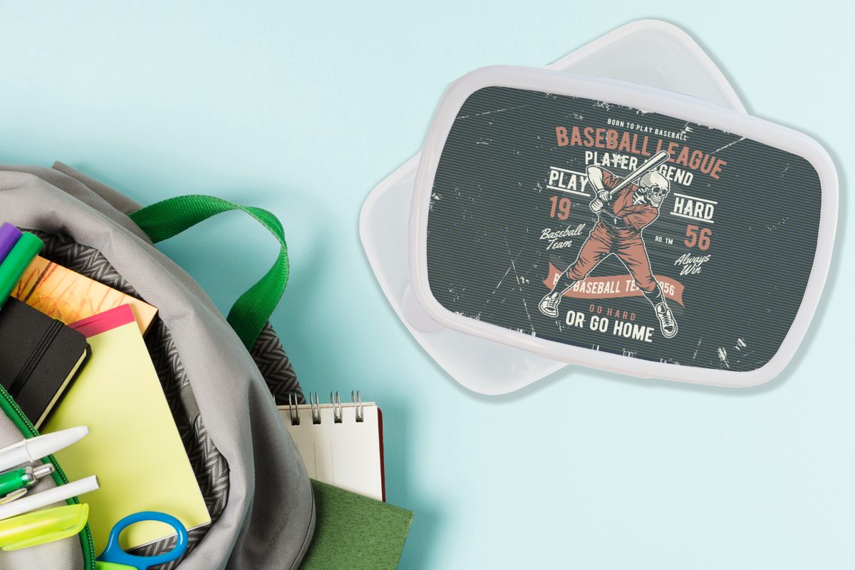 Lunchbox Brotdose, weiß für für Brotbox Kunststoff, Mädchen Baseball, Jahrgang - MuchoWow Erwachsene, Jungs Kinder - und Skelett und (2-tlg),