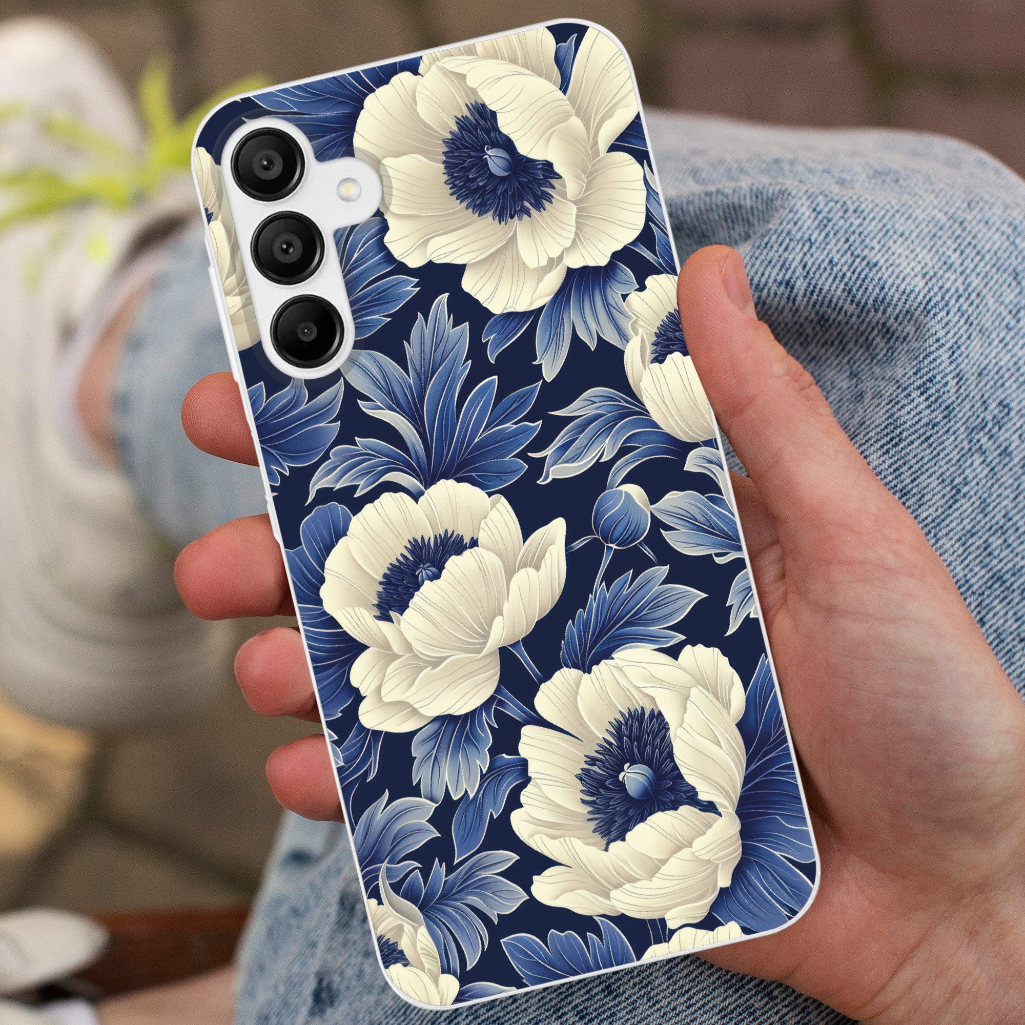 MuchoWow Handyhülle für Samsung Galaxy A15 Blumen - Muster - Blau - Weiß, Smartphone-Bumper, Print, Handy Schutzhülle Dünn
