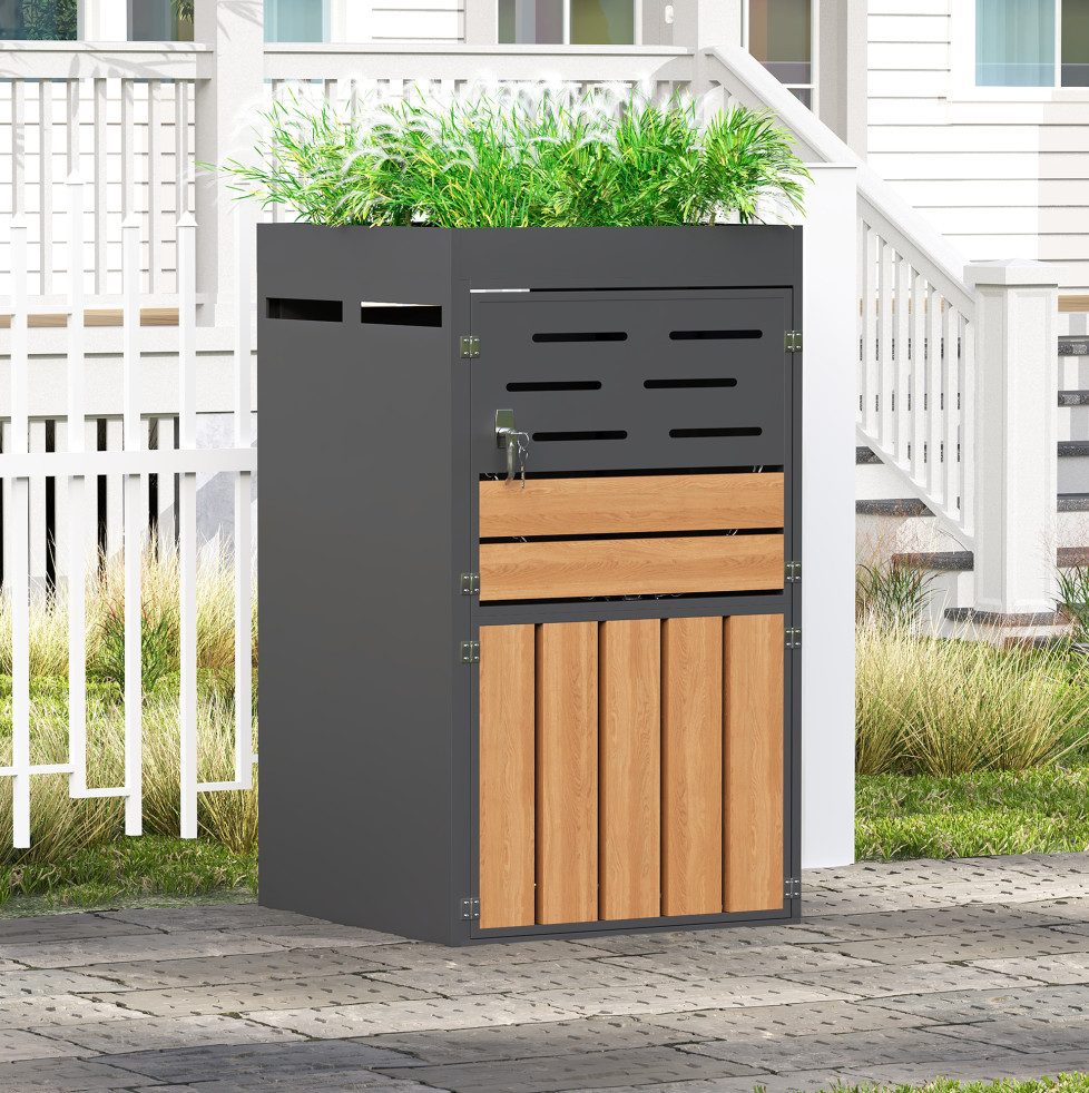 MODFU Geräteschrank Garten-Aufbewahrungsschrank mit Pflanzkasten integriert (Garten-Geräteschrank, stabilem verzinktem Stahlrahmen, Belüftungslamellen und abschließbaren Doppeltüren mit Sicherungskette, 1-St., Outdoor-Box für Lagerung & Dekoration (ohne Mülleimer)