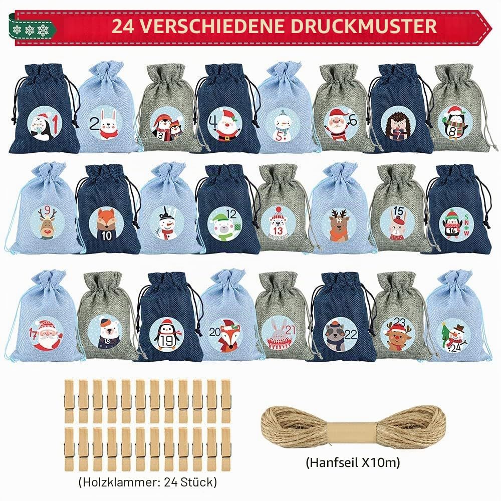 Bomiclss Adventskalender Adventskalender zum Befüllen 24 Jutebeutel Stoffbezug gedruckt, Wiederverwendbar, Weihnachtskalender Jutesäckchen – Bild 2 von 5