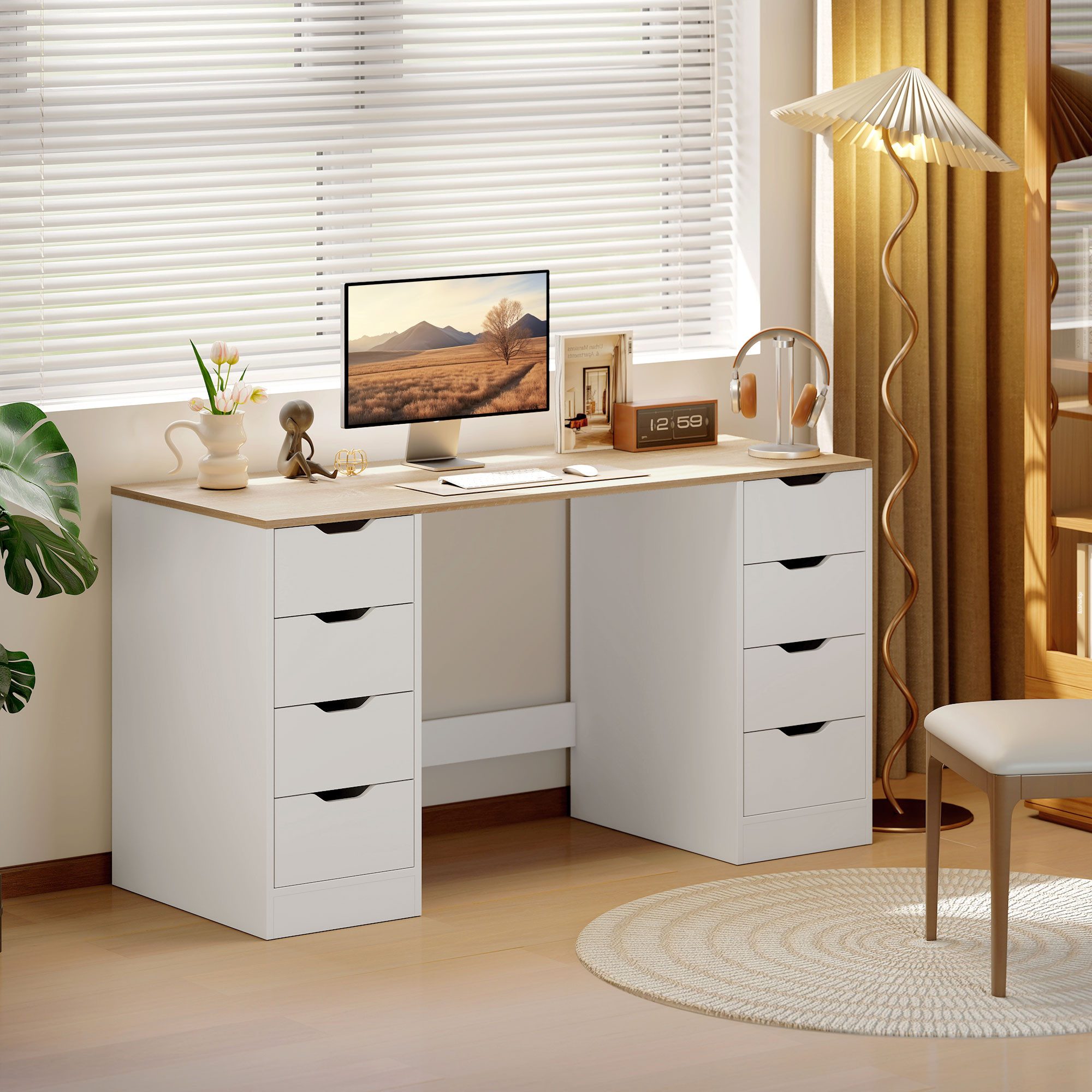 HOMCOM Schreibtisch Bürotisch mit 8 Schubladen 140 x 53 x 75 cm Moderner Tisch (Computertisch, 1-St., Arbeitstisch), für Arbeitszimmer, Wohnzimmer, Weiß