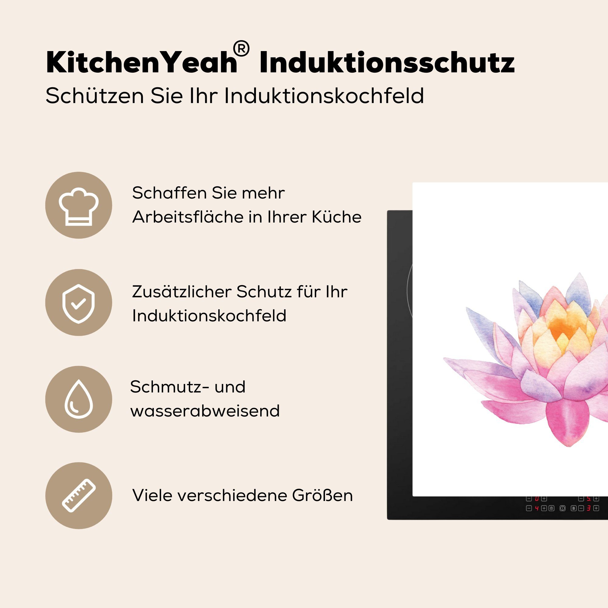 MuchoWow Herdblende-/Abdeckplatte Vinyl, Seerose, küche Blume Aquarell (1 für cm, - Arbeitsplatte 78x78 tlg), - Ceranfeldabdeckung