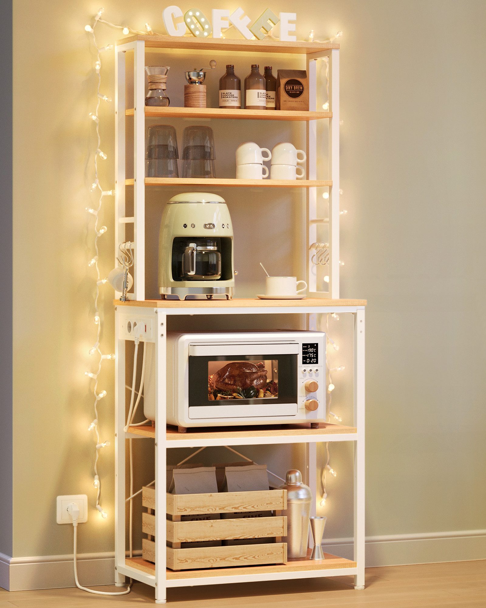 VASAGLE Standregal, mit Steckdosen und 6 Haken, für Mikrowelle, Stahlrahmen günstig online kaufen