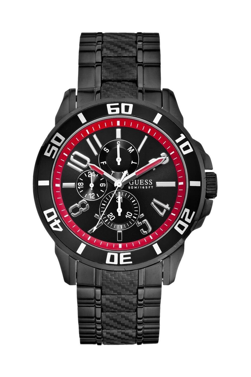 Guess Multifunktionsuhr Herrenuhr Armbanduhr Analog Edesltahl Schwarz Datum W18550G1, Multifunktion, drehbare Lünette, Krone verschraubt