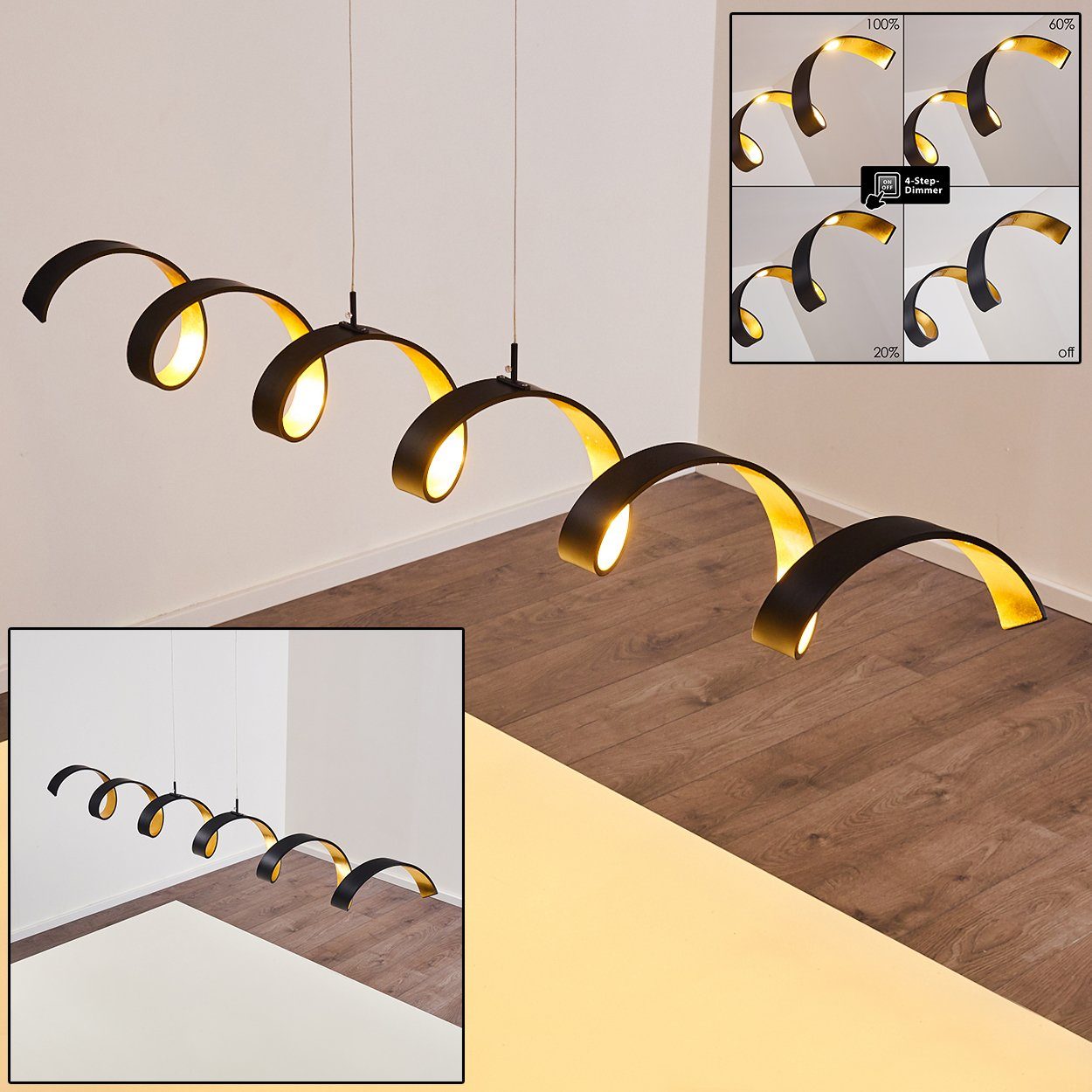 hofstein Pendelleuchte »Delia« dimmbare Hängelampe aus Metall in Schwarz/Gold, 3000 Kelvin, längliche Hängeleuchte, Höhe max. 125cm, 6x5 Watt, 1800 Lumen