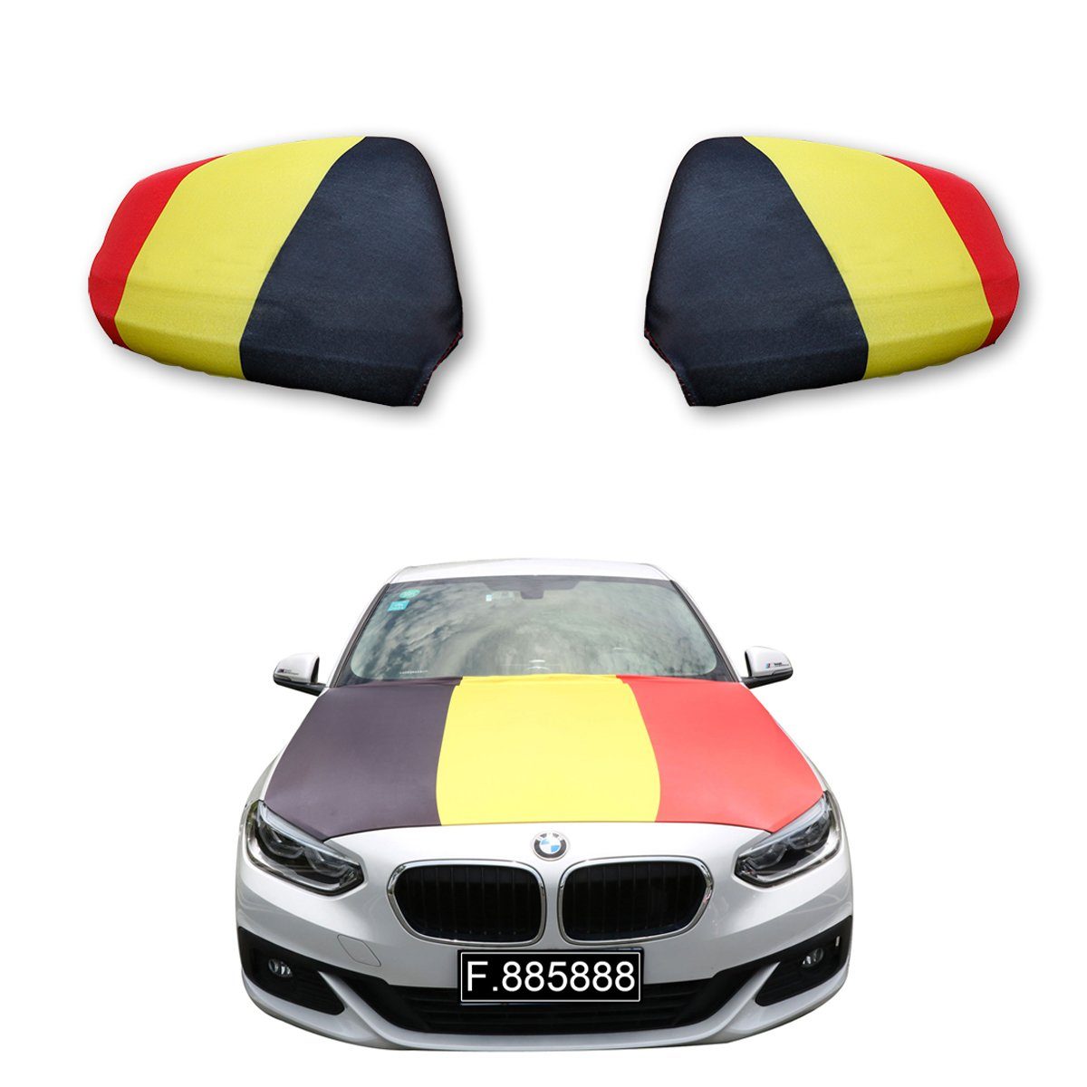 Sonia Originelli Fahne Fanset "Belgien" Belgium Fußball Motorhaube Außenspiegel Flagge, für alle gängigen PKW Modelle, Motorhauben Flagge: ca. 115 x 150cm