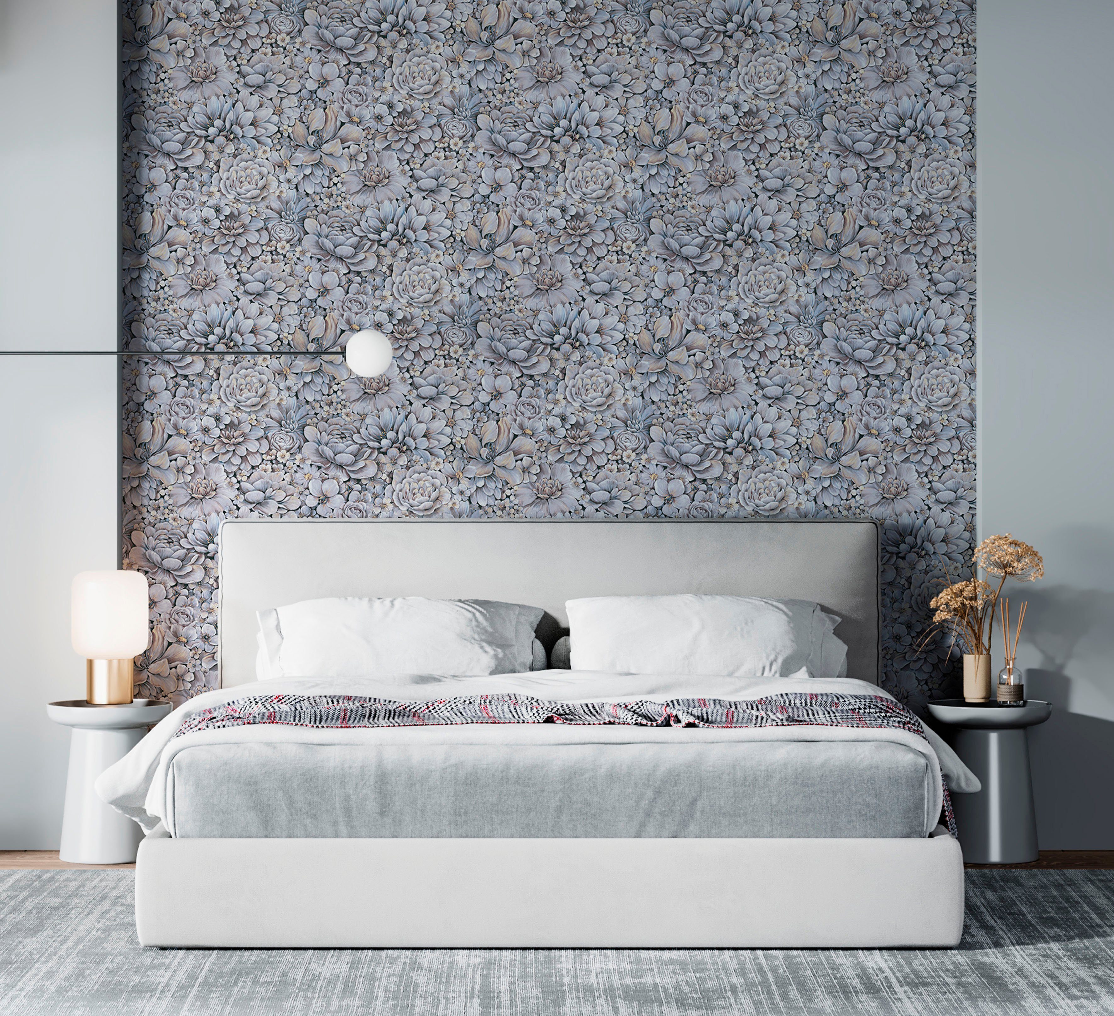 Marburg lila Wohnzimmer geprägt, Küche Schlafzimmer matt, für Blattmotiv Vliestapete moderne Flower, Vliestapete