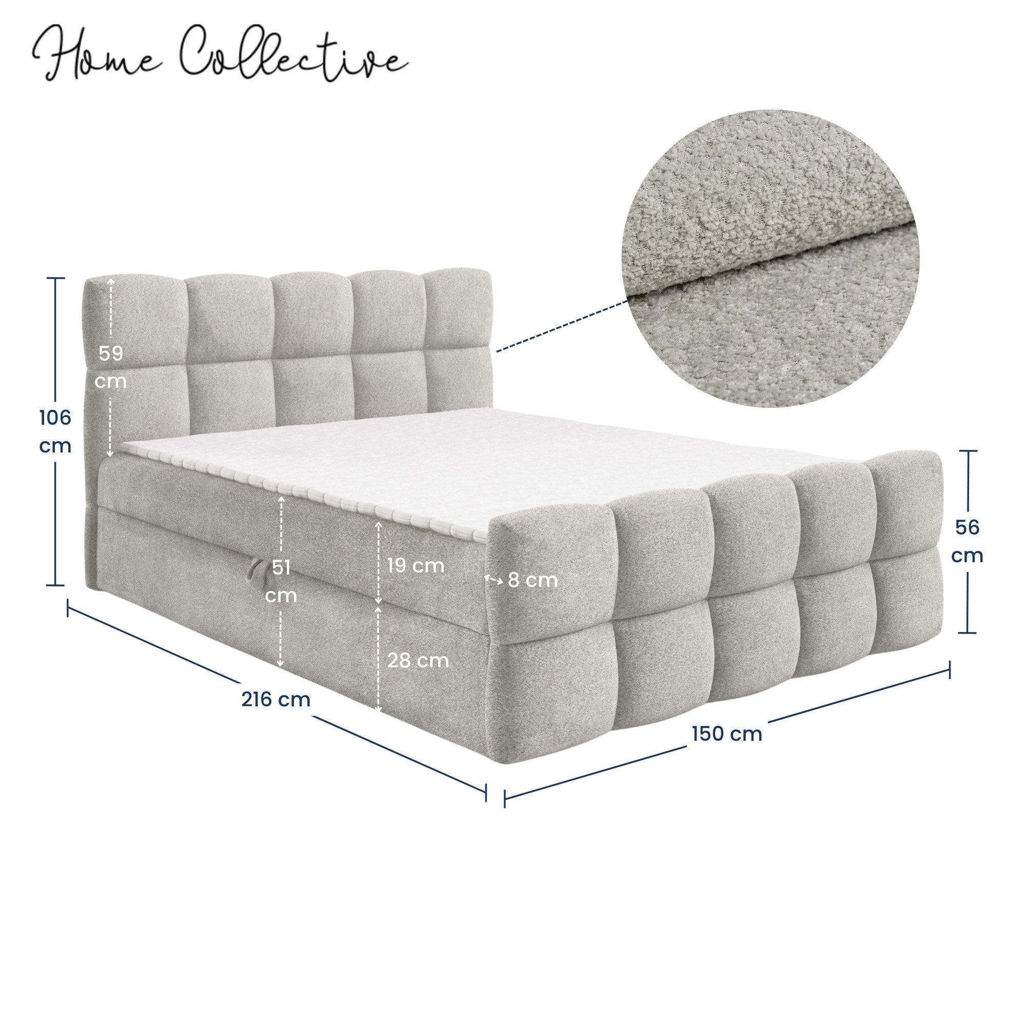 Home Collective Boxspringbett Polsterbett Doppelbett Bubble Bett mit Stauraum, Topper, viele Größen (Verfügbare Größen: 120x200, 140x200, 160x200, 180x200, 200x200 cm), komfortable Liegehöhe edles Design mit Steppung Hellgrau