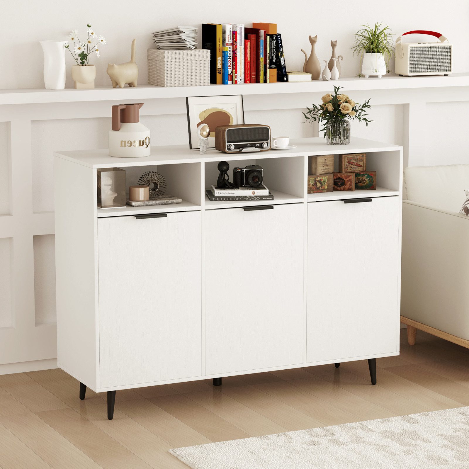 KOMFOTTEU Sideboard Küchenschrank Buffetschrank, mit 3 Türen & 3 offenen Fä günstig online kaufen