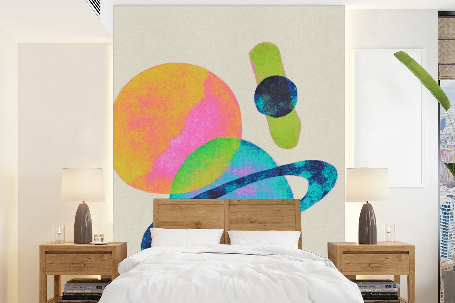 MuchoWow Fototapete Planeten - Abstrakt - Neon - Farbe, Matt, bedruckt, (4 St), Montagefertig Vinyl Tapete für Wohnzimmer, Wandtapete