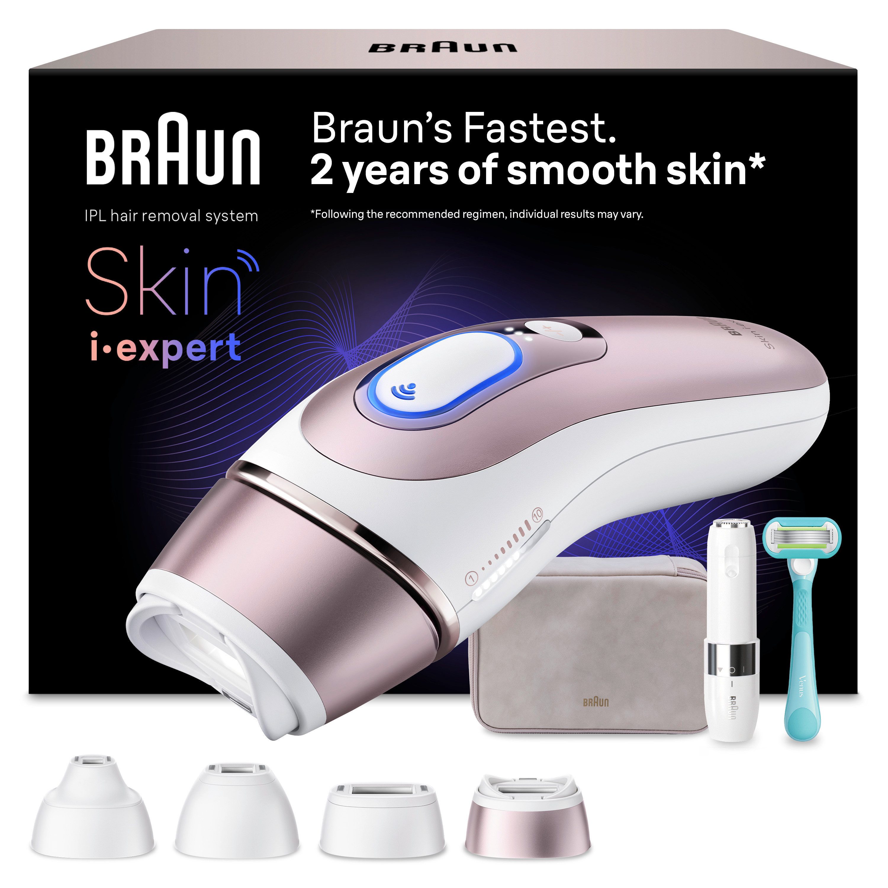 Braun IPL-Haarentferner Skin i-expert Pro IPL PL7432, 400.000 Lichtimpulse, 4 smarte Aufsätze, Tasche, Mini-Gesichtsrasierer, kostenlose App
