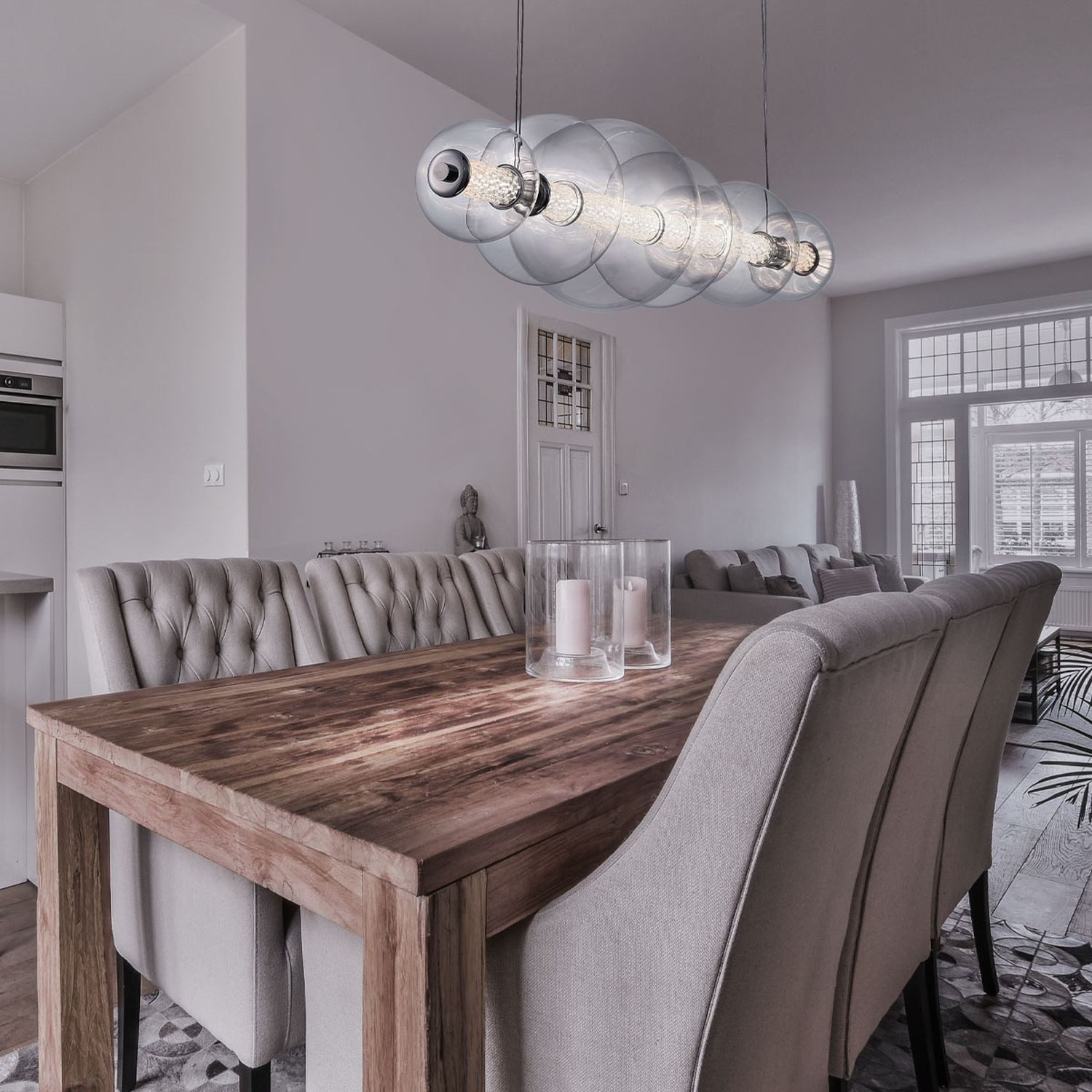 Licht-Erlebnisse Pendelleuchte ADELIN, LED, Warmweiß, LED Glas Metall 1421 cm lang H: max. 184 cm 3000 K 3586 lm Chrom