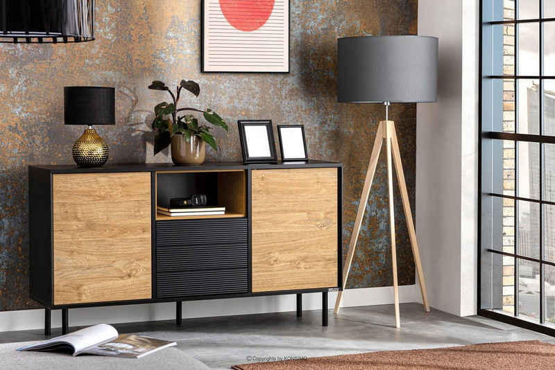 Konsimo Kombikommode LOFTY Sideboard Türkommode mit Schubladen industrial Style, Breite 151 cm, geriffelte Front, Holz, mit Schubladen