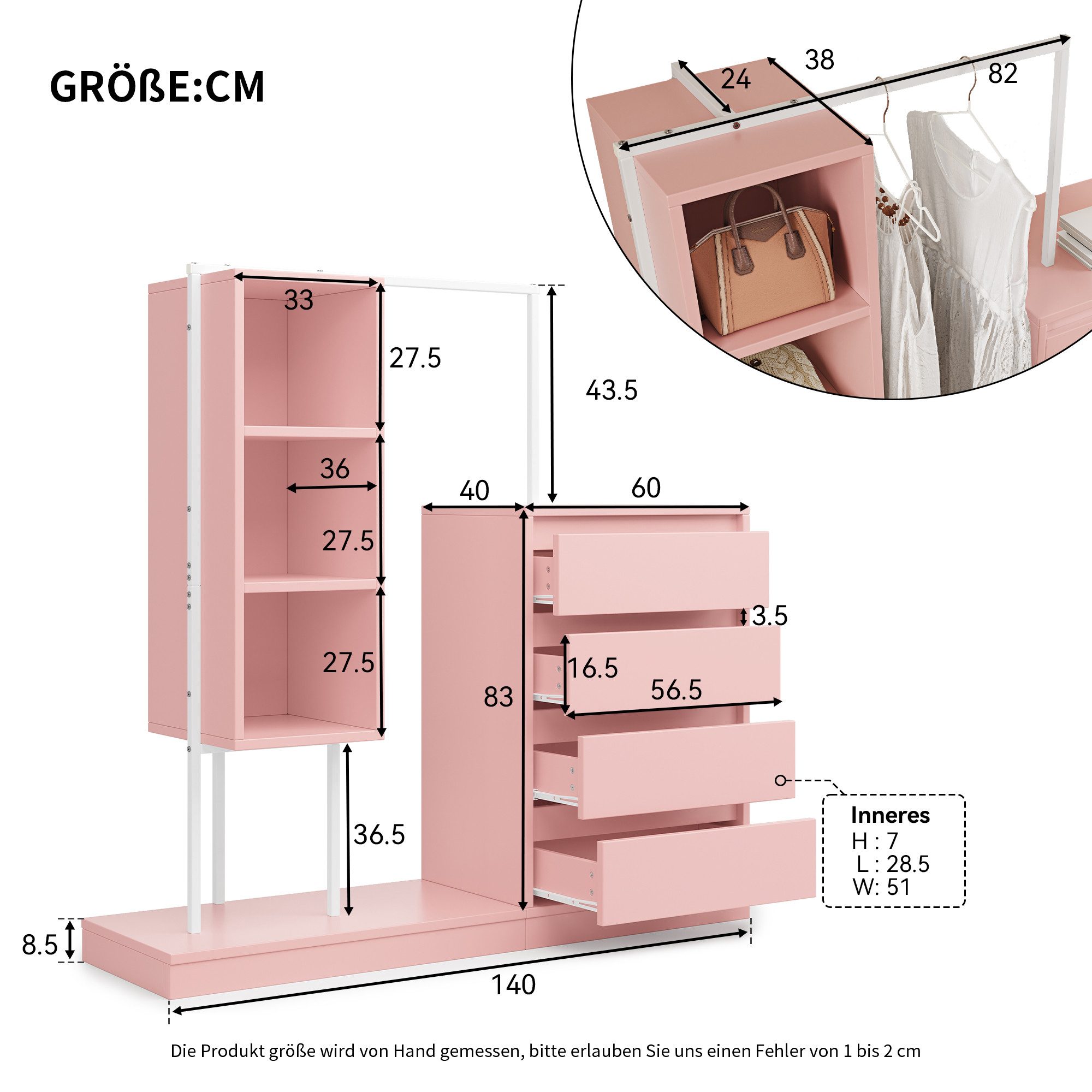 KLAM HOME Garderoben-Set Schubladenschrank, Kleiderschrank-Set, Rosa Kleiderschrank, Kippsicherung, mit Kleiderstange, offene Fächer, Rosa – Bild 3 von 5