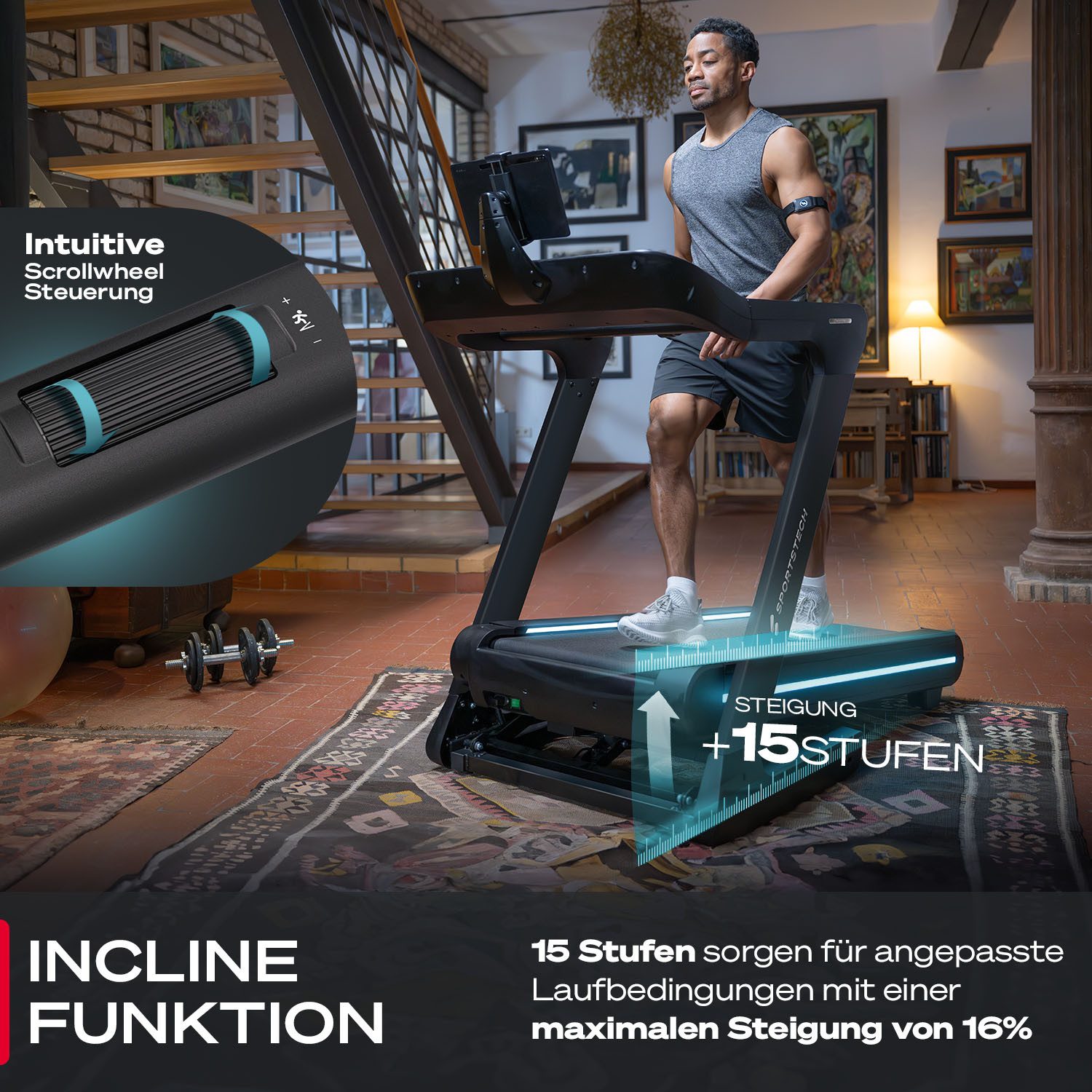 Sportstech Laufband sTread Lite, Bis 20 km/h, 15 Stufen, 16% Steigung, klappbar, Tablethalterung