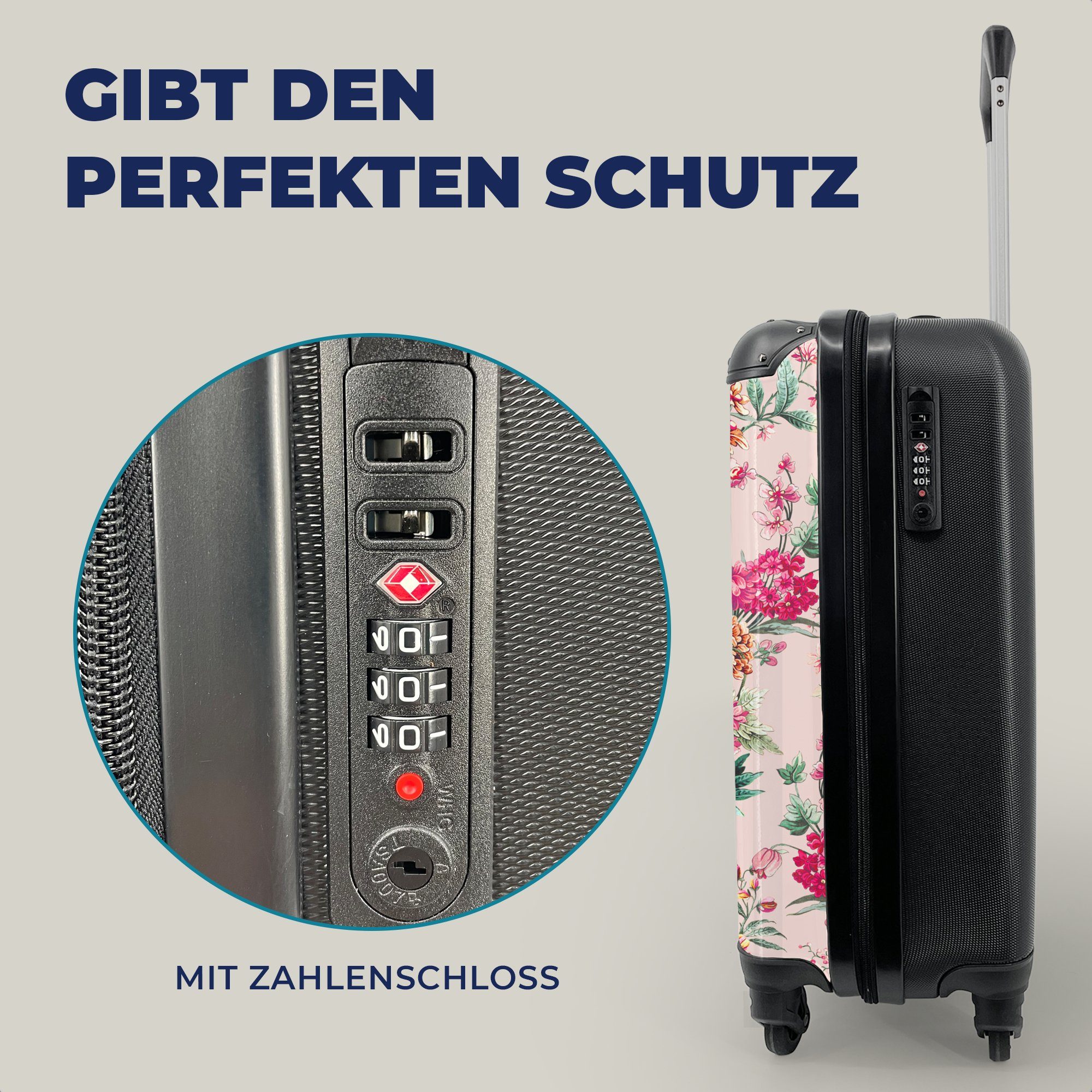 mit rollen, Handgepäckkoffer Rosa Trolley, Rollen, Blumen MuchoWow Reisetasche - Handgepäck Reisekoffer 4 für Ferien, Pastell, -