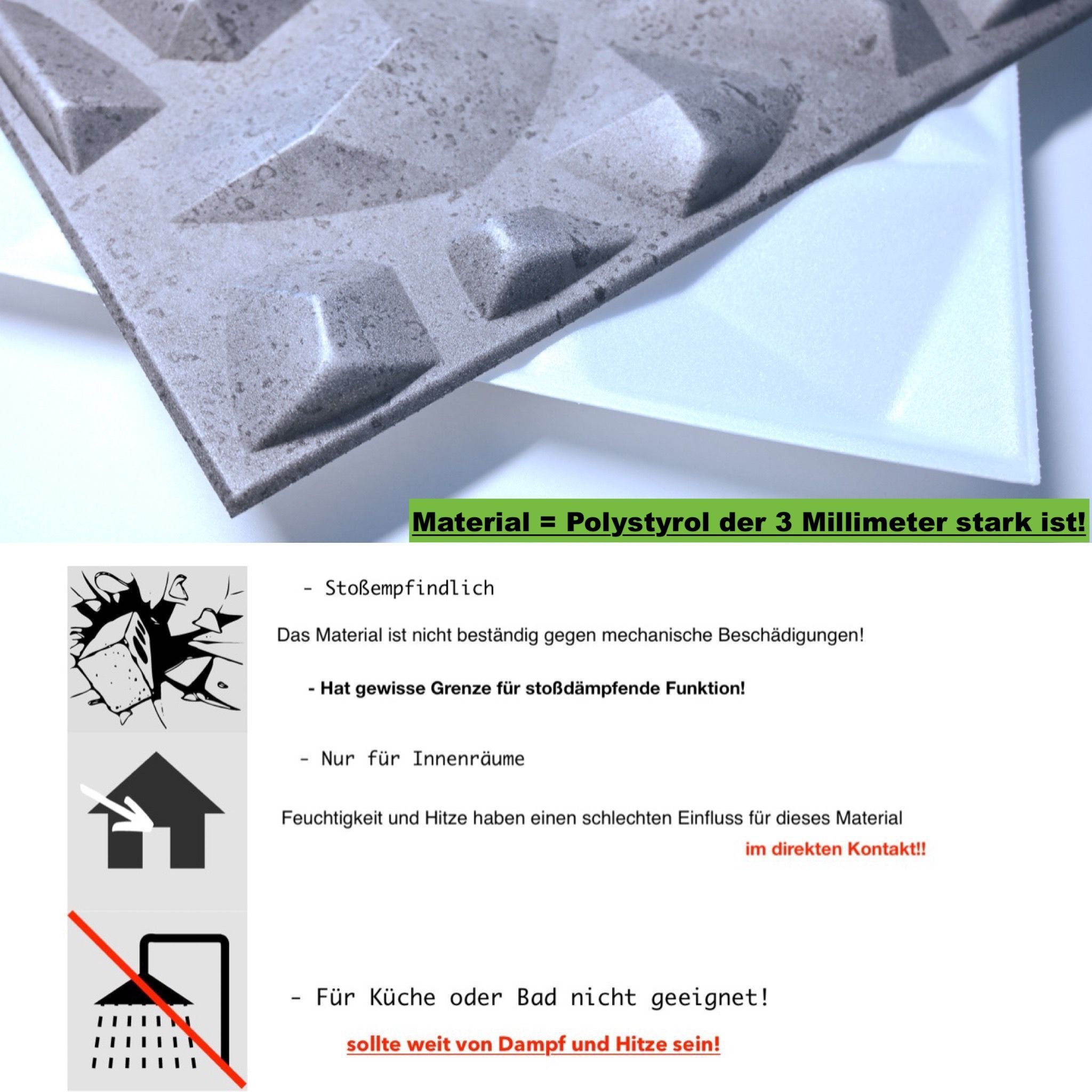0,50 cm, 50,00x50,00 Wandverkleidung 3D Deckenpaneele Wandpaneel qm BxL: Betonlook, Mars IKHEMalarka 42 POLYSTYROL 4m²/16PCS
