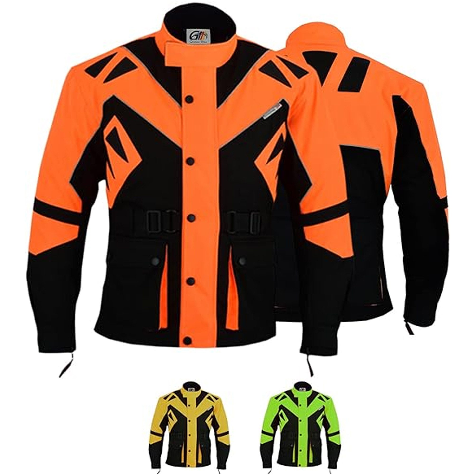 German Wear Motorradjacke GW300J (mit Abnehmbar & Washbar Thermofutter & Protektoren) lange Jacke aus 4 Schichten Wasserabweisend Reflektierend Neonfarben
