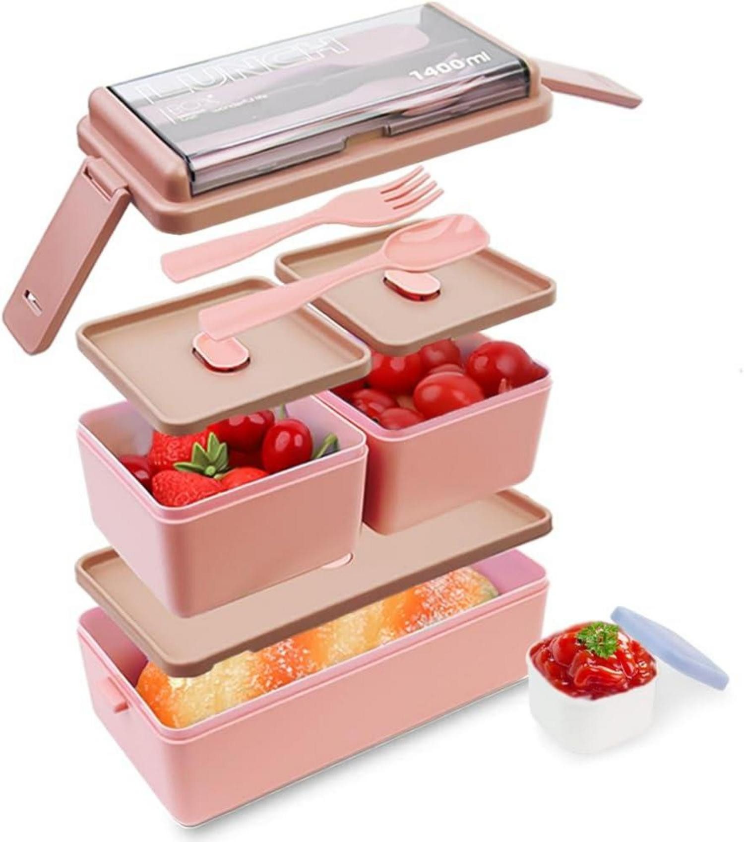 Aufbewahrungsbox Brotdose Kinder 1400ML Lunchbox 3 Fächer Besteckset Bento box Mädchen