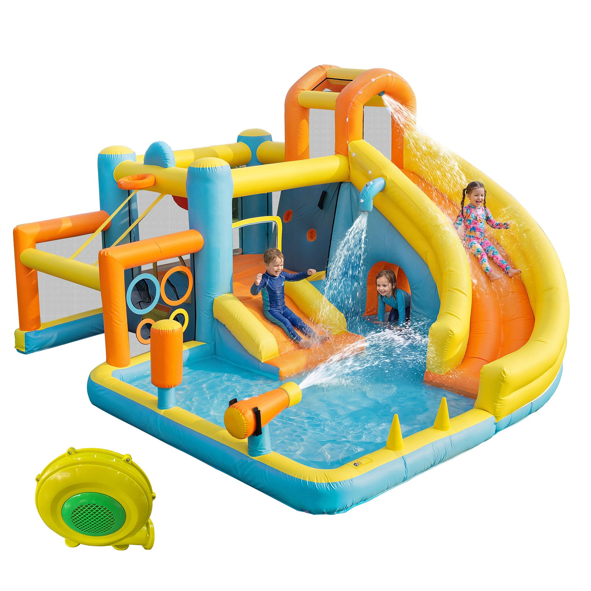 Merax Hüpfburg aufblasbare Wasserspielburg mit Gebläse, Outdoor Garten Wasserpark, (405x416x218cm, 1-tlg), mit Rutsche Pool Trampolin Kletterwand Basketballkorb & Wasserpistolen