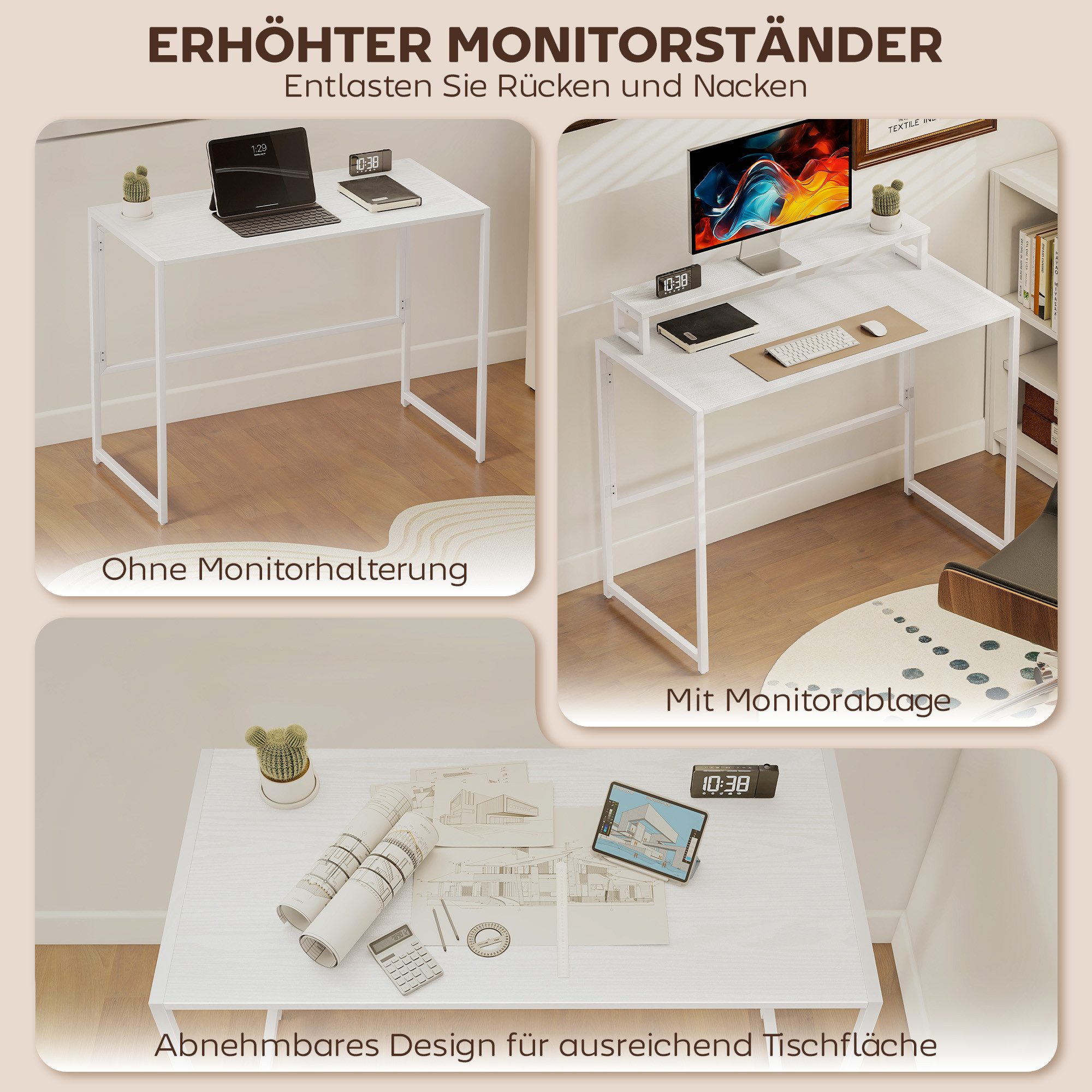 HOMCOM Schreibtisch Klapptisch Platzsparend Bürotisch mit Monitorhalterung (Klapptisch, 1-St., Klappschreibtisch), Computertisch für Home Office, Weiß – Bild 5 von 5