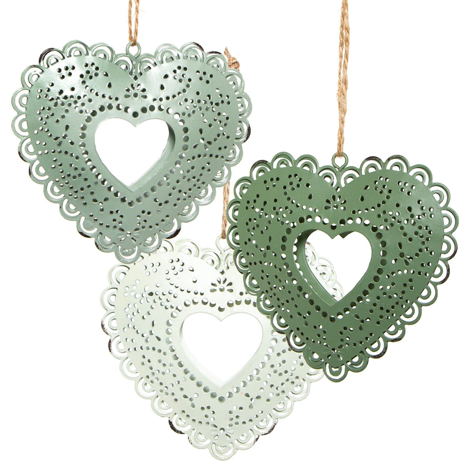 Dekohänger 3 Metallherzen Hänger grün mintgrün Creme - 9,5 cm