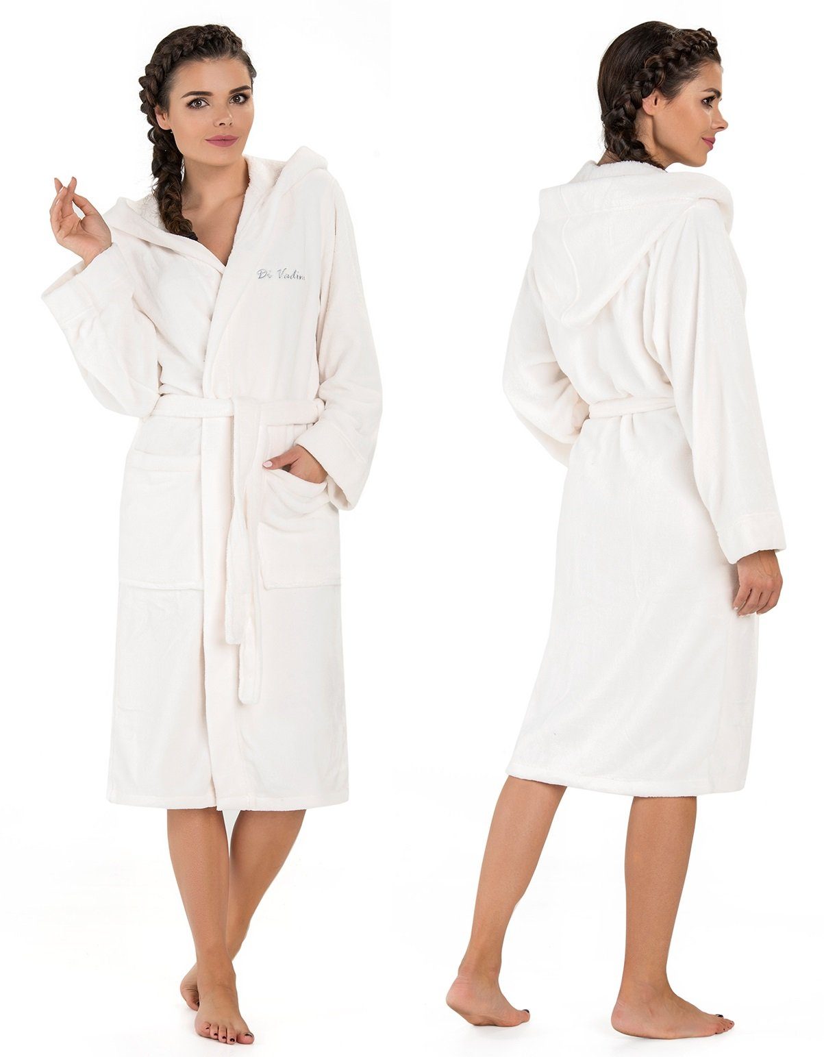 Di Vadini Bademantel Di Vadini UNISEX Herren Damen Bademantel FLORENZ mit Kapuze, wadenlang, Polyester, Weitenverstellung, Bindegürtel, mit Kapuze