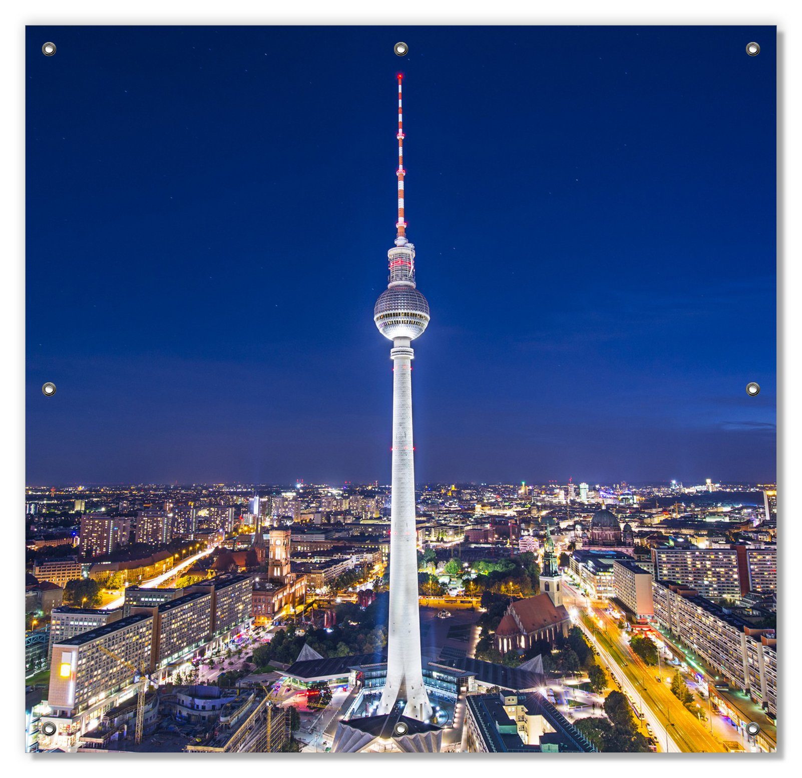 Sonnenschutz Fernsehturm Berlin bei Nacht, Wallario, blickdicht, mit Saugnäpfen, wiederablösbar und wiederverwendbar