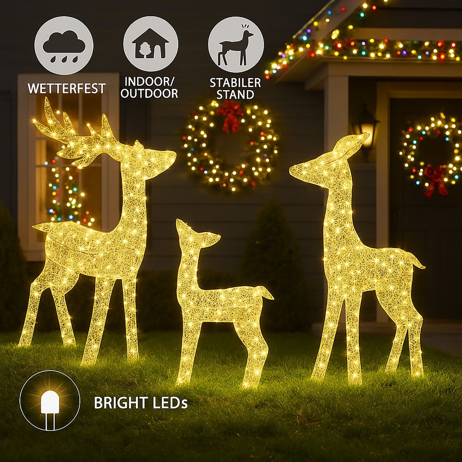 BURI Dekofigur 3er Set LED Rentiere 700 LEDs mit Timer Weihnachtsdeko Outdoor