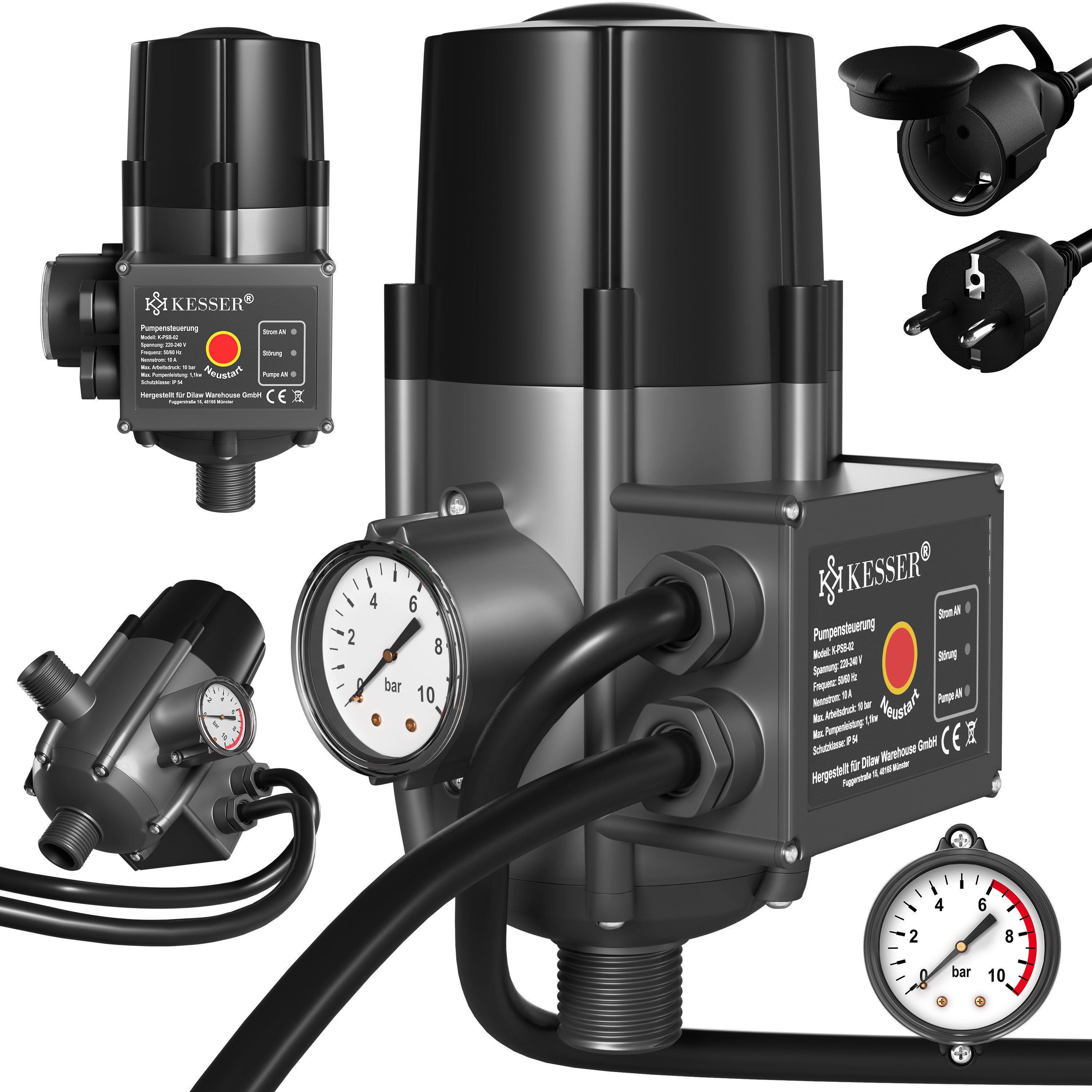 KESSER Wasserpumpe, Pumpensteuerung mit Baranzeige mit Kabel 10 bar Druckwächter