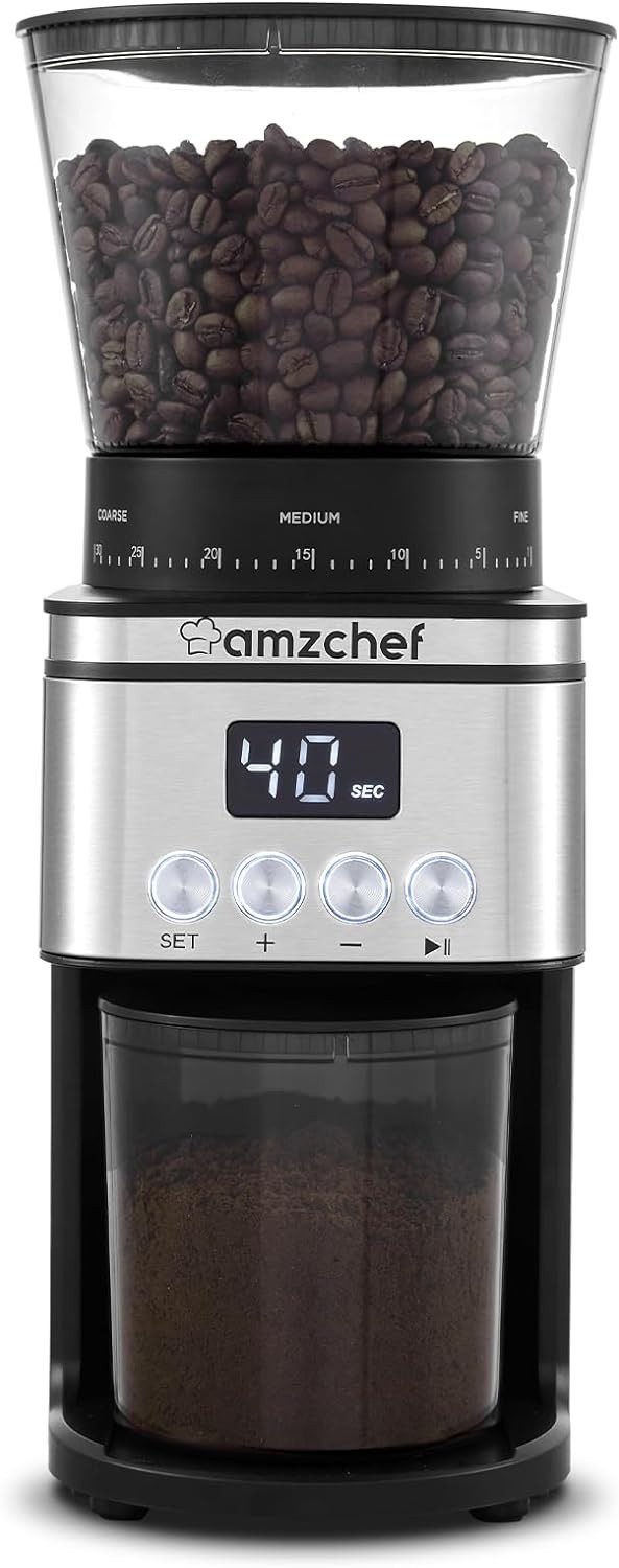 AMZCHEF Kaffeemühle CE-AZ-BG70OT9S-SV, 160,00 W, 300,00 g Bohnenbehälter, 12 Tassen,30Mahlgrad Einstellbar.300g