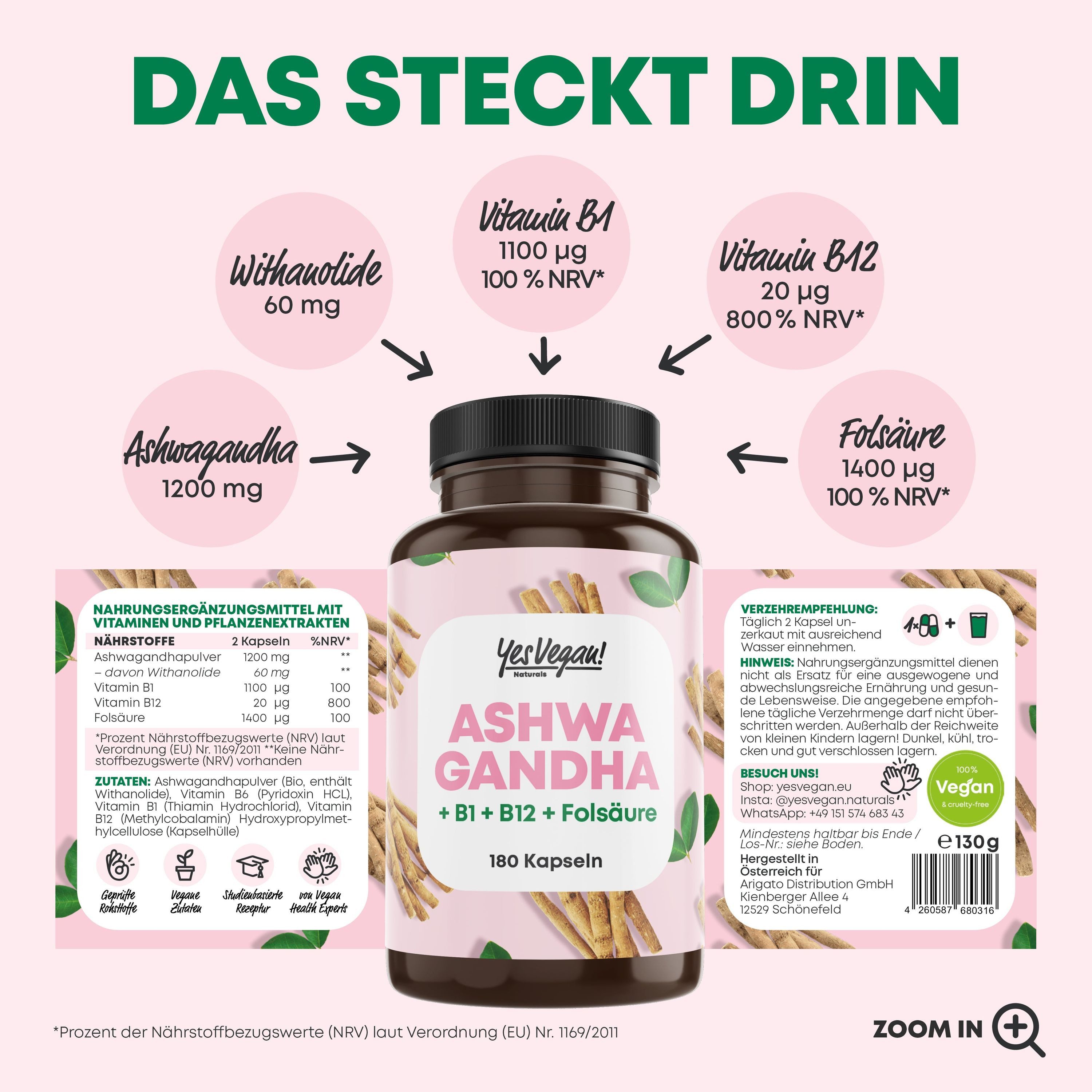 Yes Vegan Ashwagandha Kapseln hochdosiert mit Vitamin B1, B6 & B12 – 180 Kapseln, 1 St., 130 g