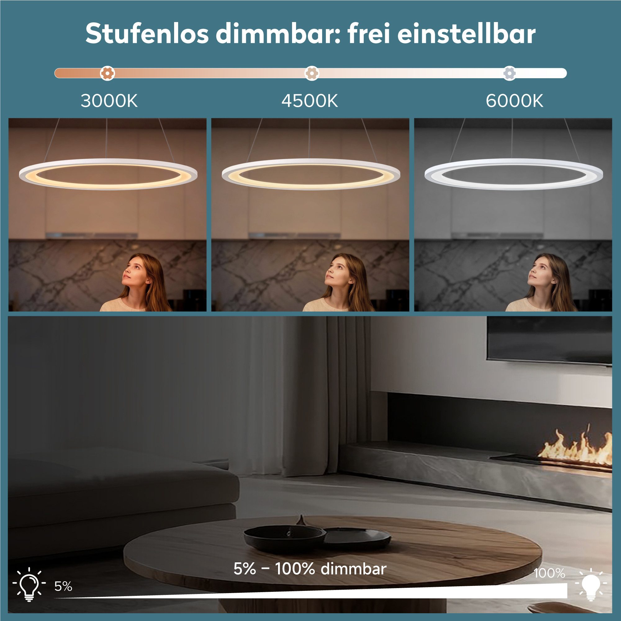 doporro Pendelleuchte Pendellampe Hängeleuchte höhenverstellbar stufenlos dimmbar Luvina01, Farbtemperatur von 3000–6000K einstellbar, LED-Pendellampe – Bild 3 von 5