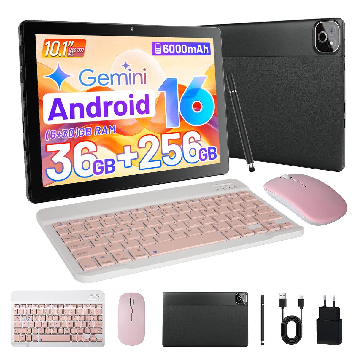 Happybe 10,1'' Octa-Core, 6000 mAh, HD 1280x800, 34GB/36GB RAM, 128GB/256GB Tablet (10.1", Android, Android 16, Gemini KI-Assistent, Widevine L1)