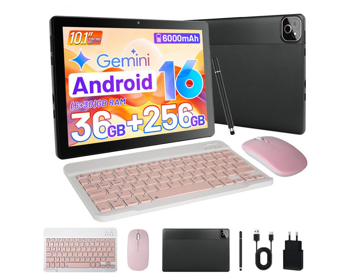 Happybe 10,1'' Octa-Core, 6000 mAh, HD 1280x800, 34GB/36GB RAM, 128GB/256GB Tablet (10.1", Android, Android 16, Gemini KI-Assistent, Widevine L1)
