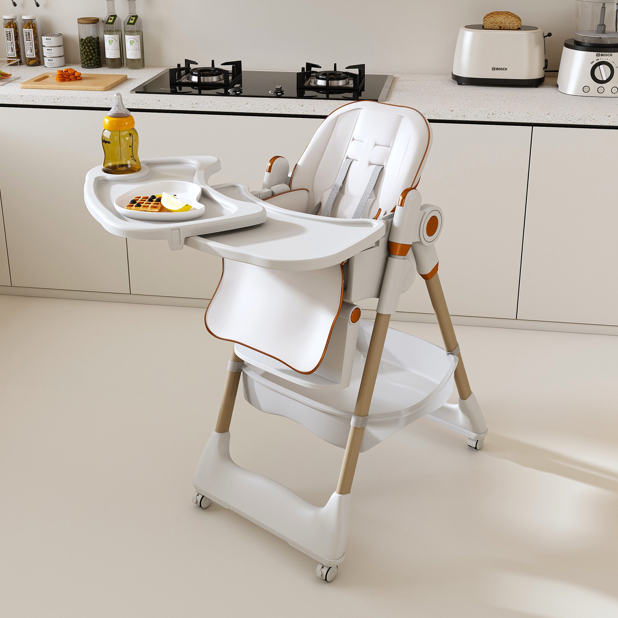 KLAM HOME Kinderklappstuhl Kinderstuhl 6-36 Monate, bis 45kg, faltbar & vielfach verstellbar (Sicherer Kinderklappstuhl mit 5-Punkt-Gurt, Feststellrädern & Tablett), Weißer Kinderstuhl, leicht zu reinigen, platzsparend für Zuhause
