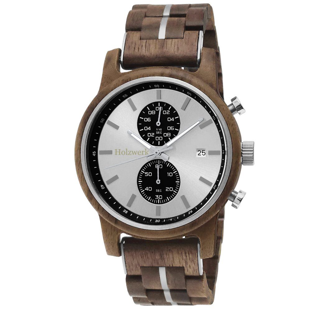 Holzwerk Chronograph GRONAU Herren Holz Armband Uhr mit Datum, braun, silber & schwarz