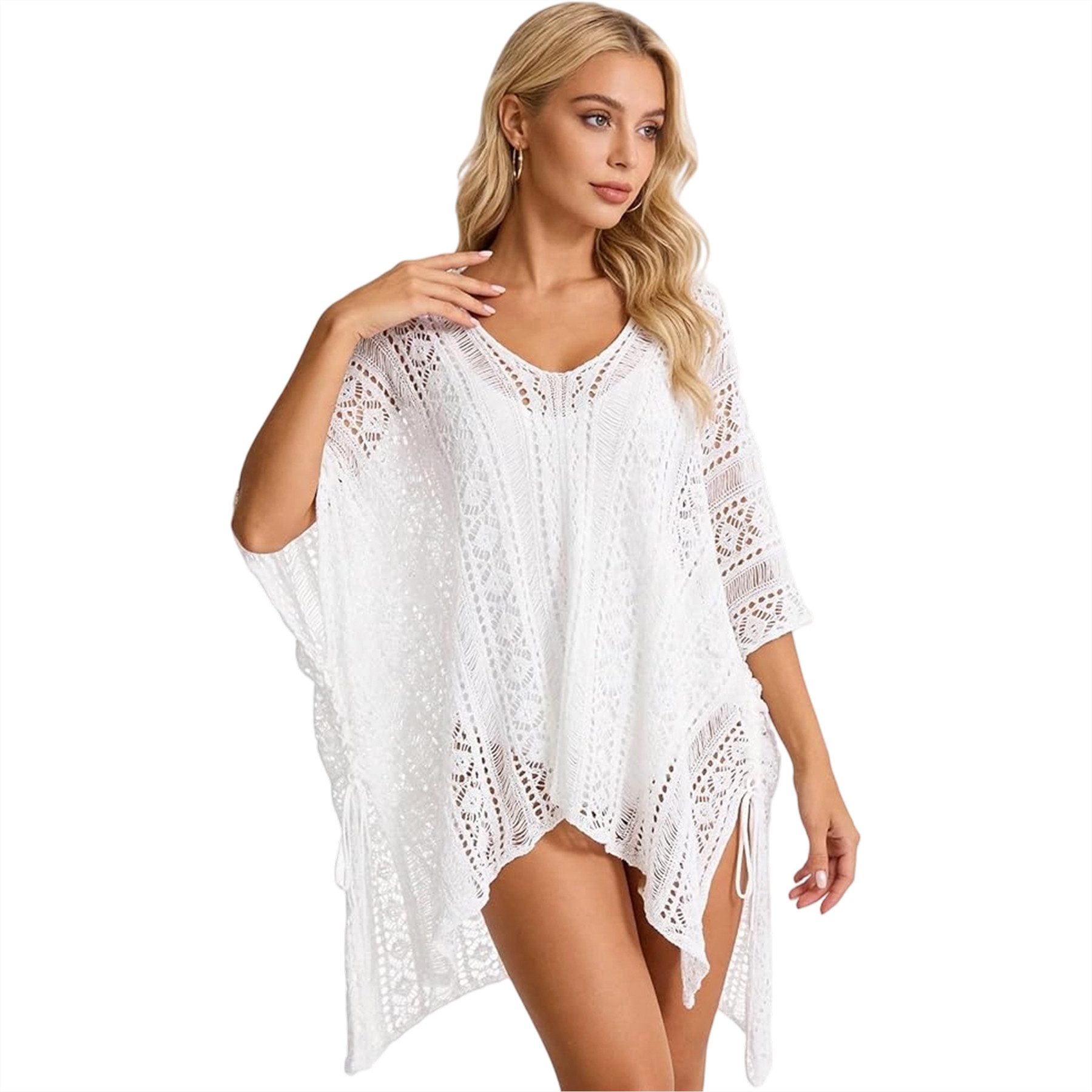 Mutig Strandkleid Damen Bikini Cover Up Strandkleid V-Ausschnitt Poncho gestrickt Kleid (Sommer Sexy Kleider mit Cutout Crochet,Strand Strandtunika, Boho-Stil Häkelkleid Strandurlaub Badeanzug Strandponcho Longbluse) Lockeres, bequemes Kleid ideal für Sommer, Strand, Meer und Urlaub
