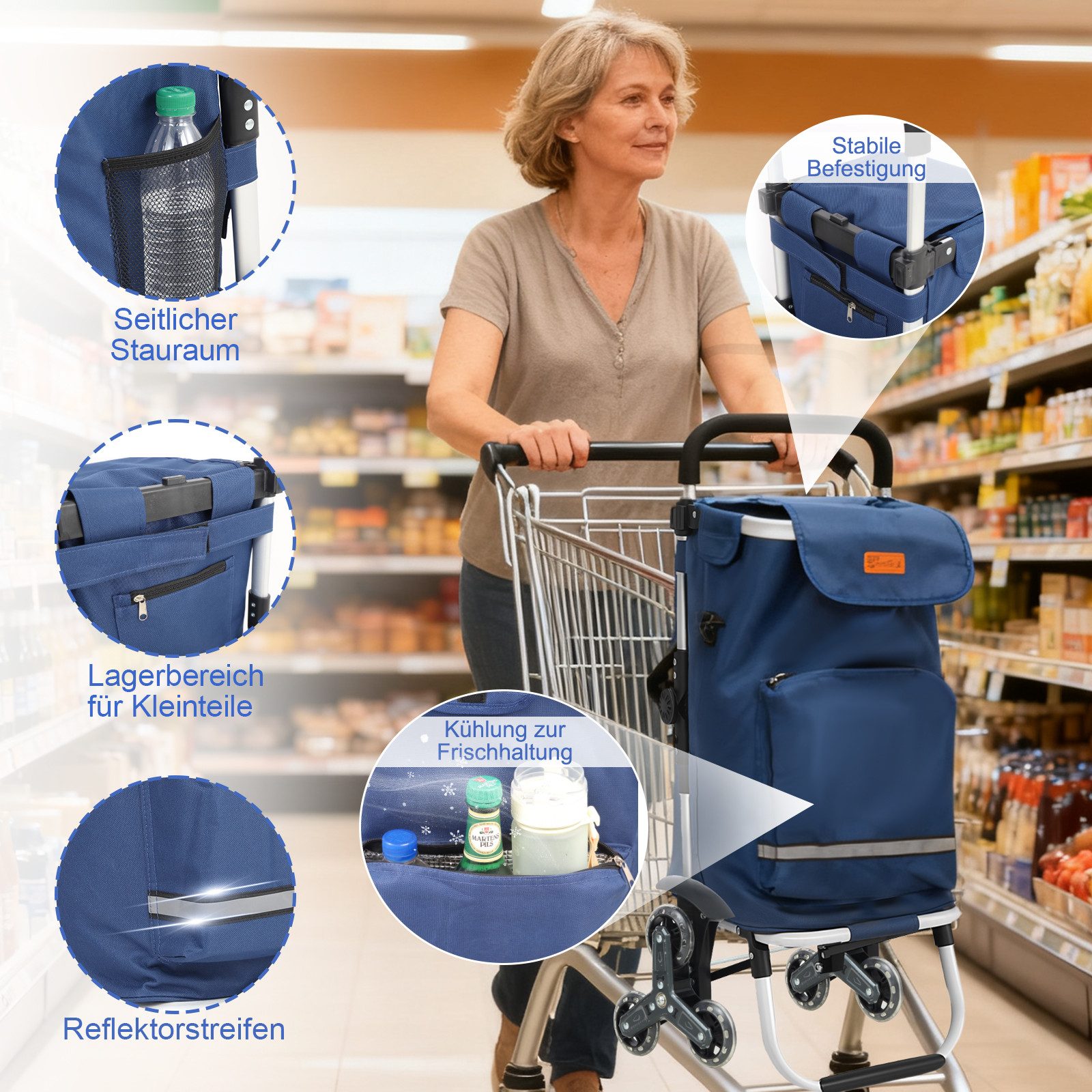 Sekey Einkaufstrolley Klappbarer Einkaufswagen mit Kühlfach, Treppensteiger Trolley 3 in 1, 42 l, Faltbarer Einkaufswagen inkl. Einkaufschip und Spanngurt – Bild 4 von 5