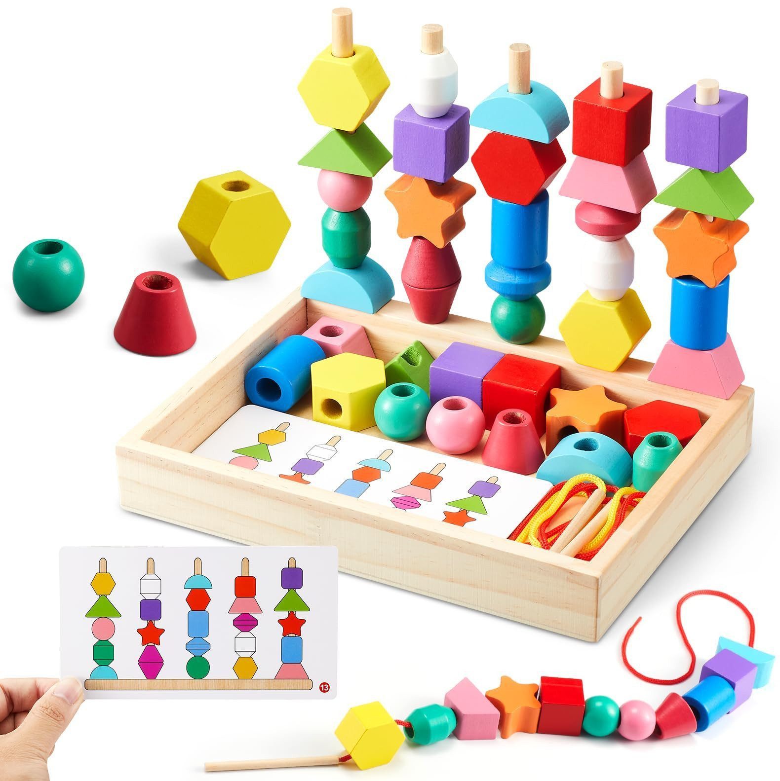 Sorvyzxn Lernspielzeug Montessori-Spielzeug Fädelspiel Bausteine Sortierspiel für Kinder, Holz Stapelspiel Lernspiele ab 3 Jahre