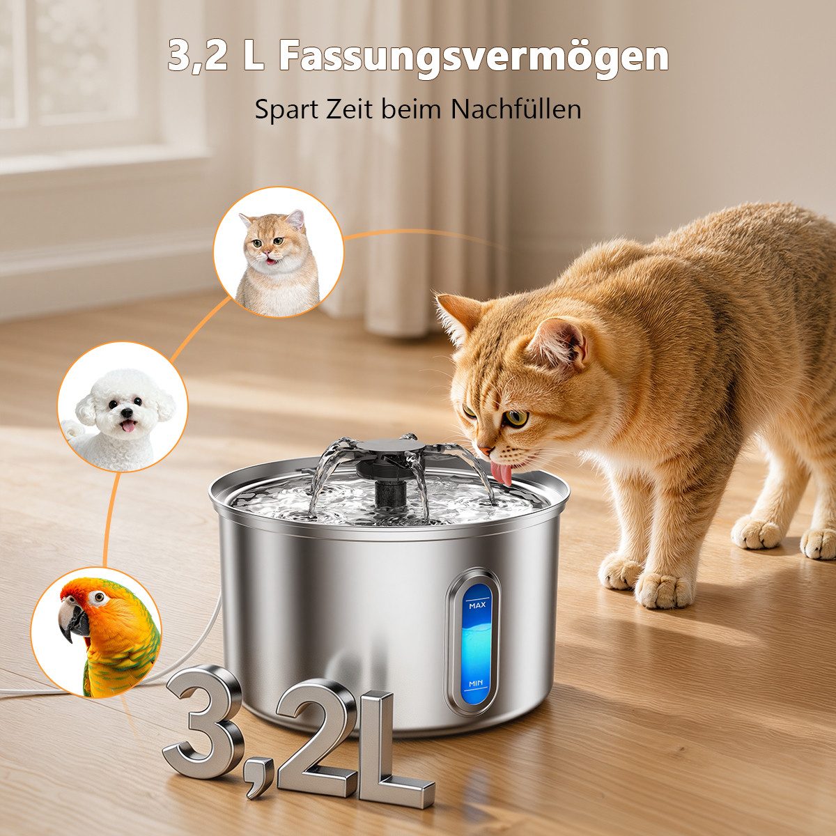 AeroAxis Trinkbrunnen 3,2 L Katzenbrunnen Edelstahl, Wasserspender Für Katze und Hunde 3.2 l, 2 Filter, Einfach Reinigbar, mit Wasserstandsfenster, leise