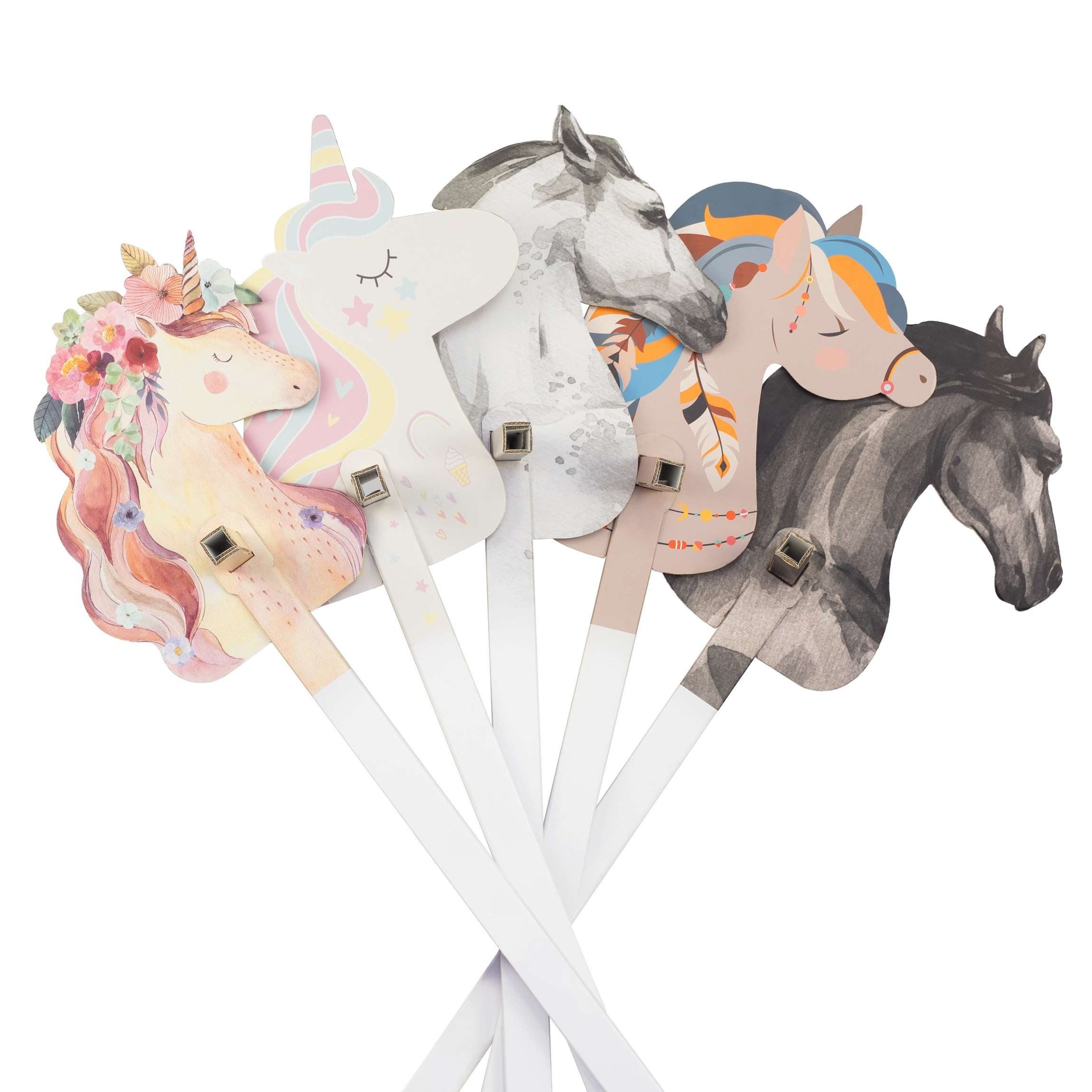 FOLDZILLA Steckenpferd Stockpferd 5er Set Aquarell Design, (1-tlg., 5 Hobby Horses aus Pappe), Pferde und Einhörner für Kindergeburtstag